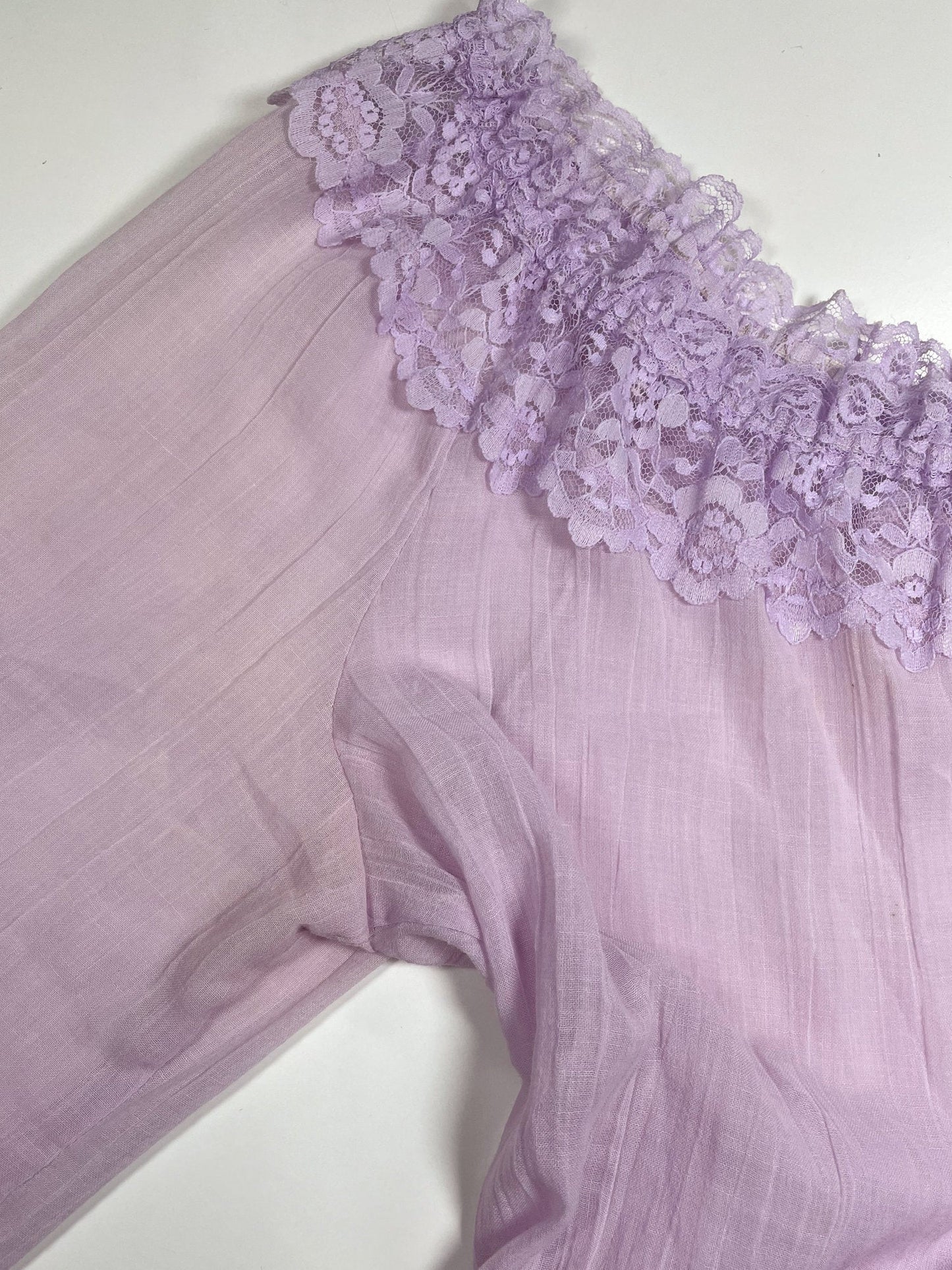 70s Boho Lilac Gauzy Blouse - Small to Large | Vintage Sheer Lace Trim Off-Shoulder Crop Top