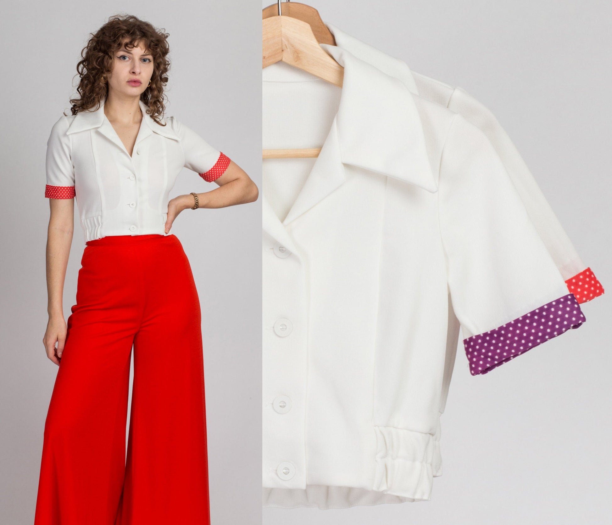 70s Polka Dot Trim Crop Tops - XS to Small 