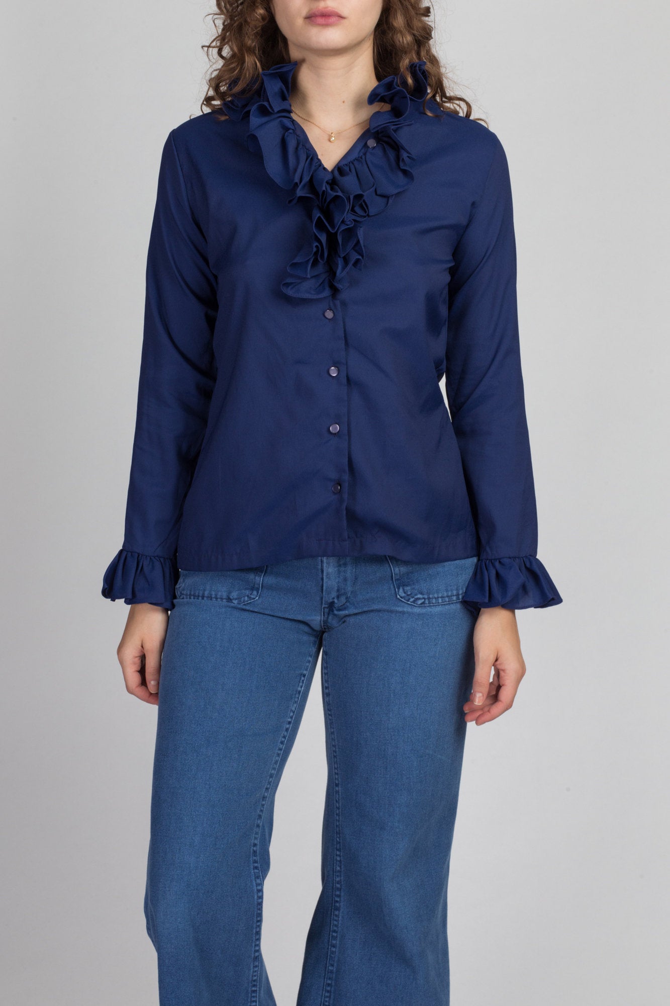 70s Tuxedo Ruffle Blouse - Small to Medium 