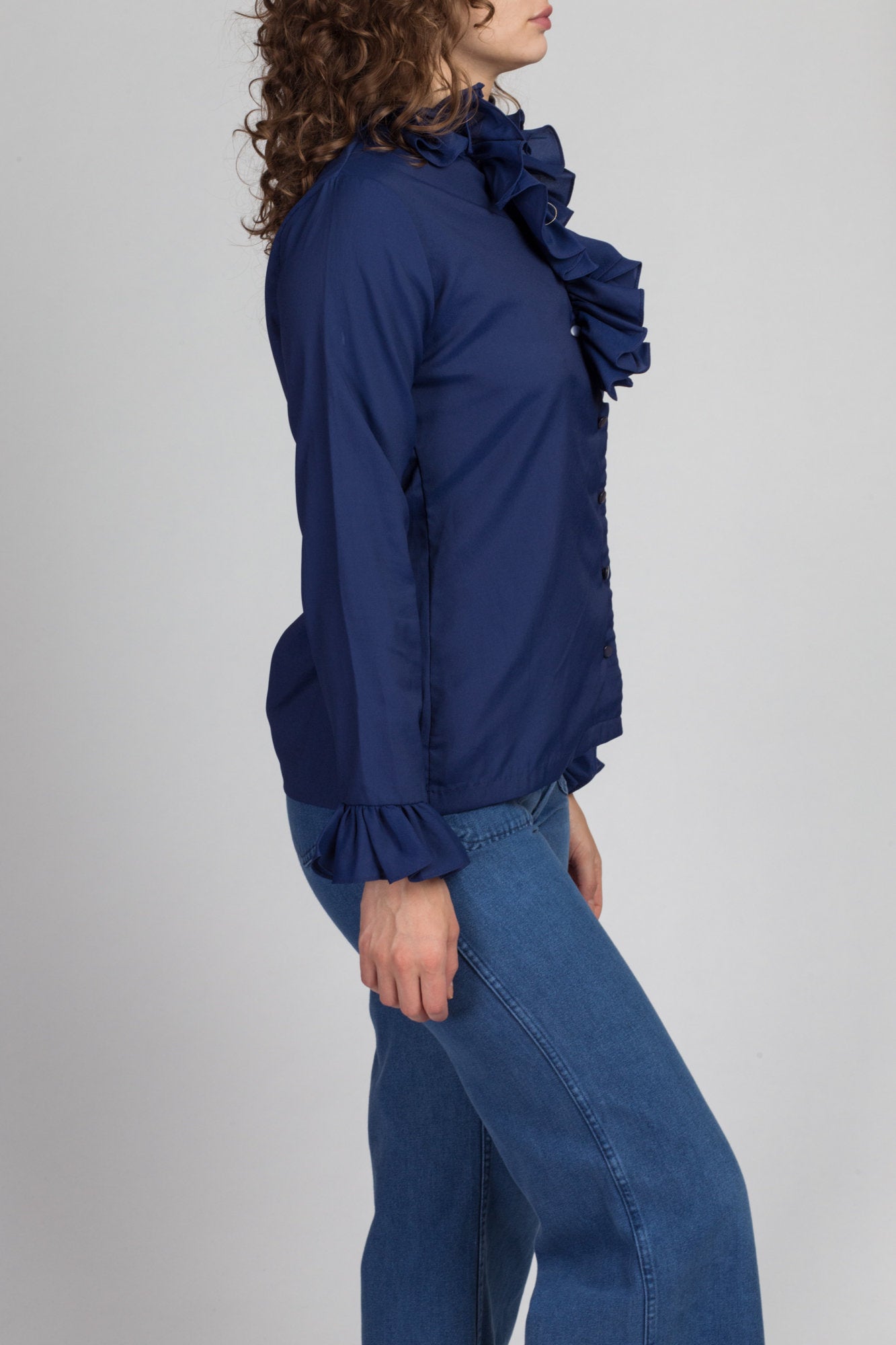 70s Tuxedo Ruffle Blouse - Small to Medium 
