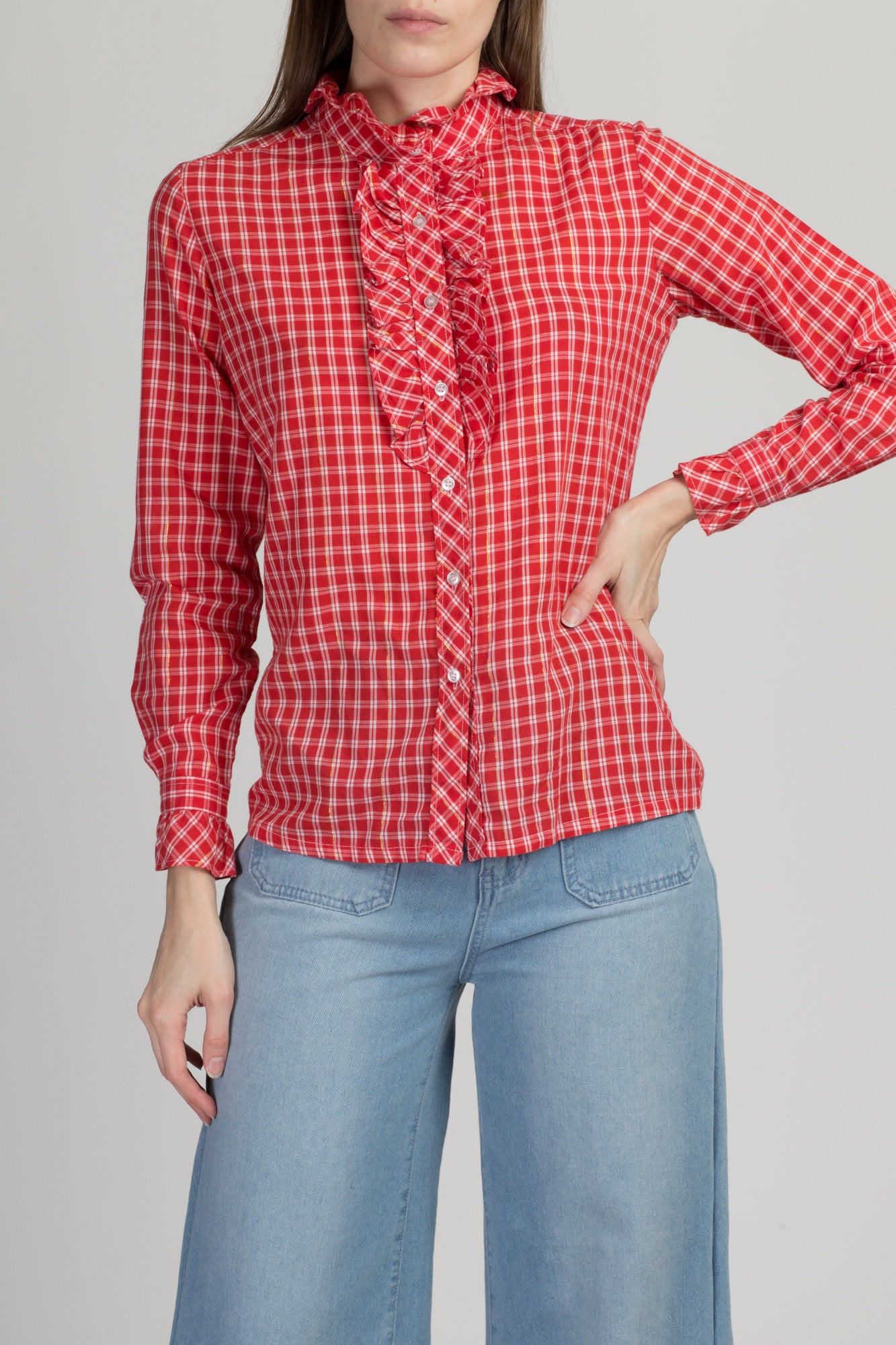 70s Red & White Plaid Ruffle Collar Shirt - Small 