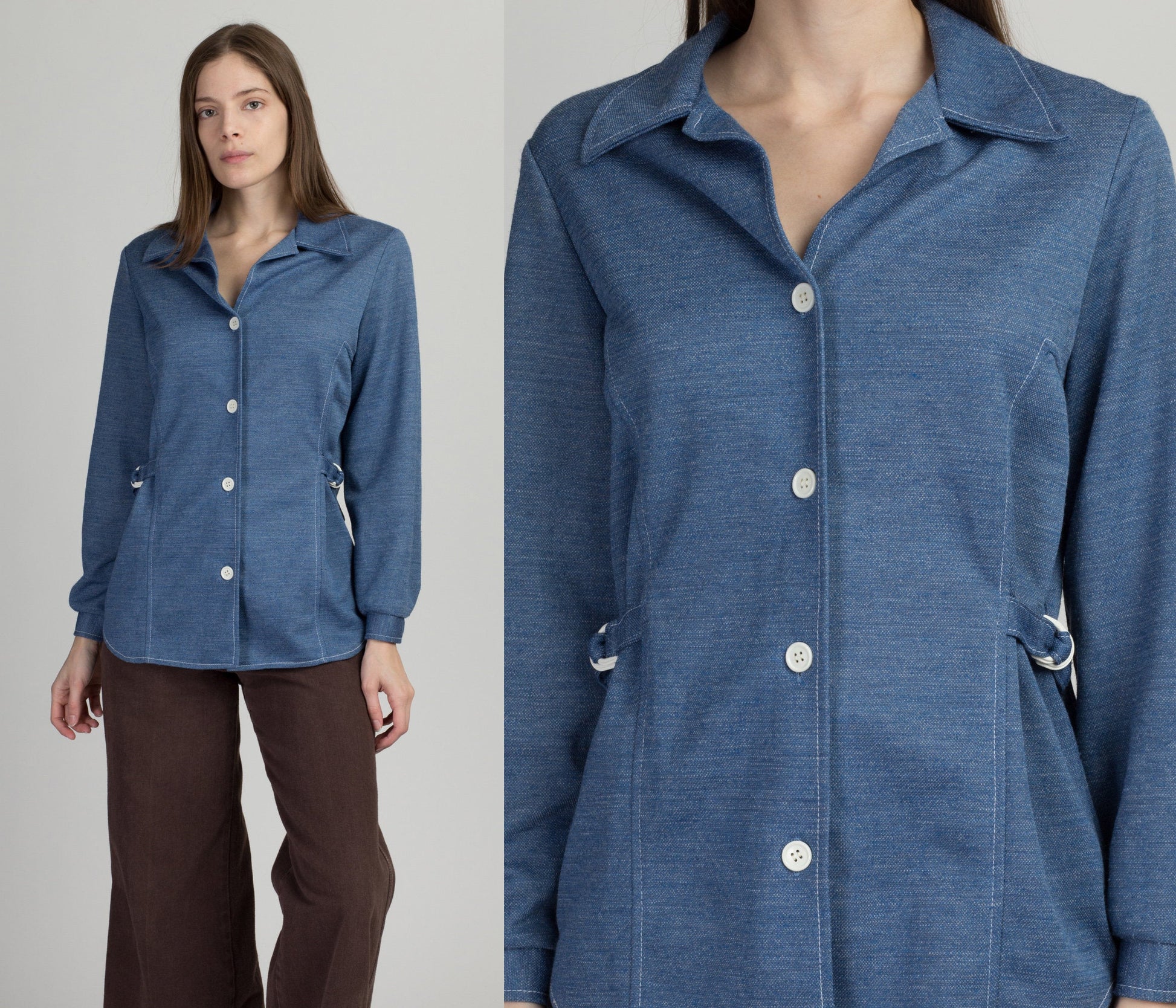 70s Mod Blue Cinched Waist Shirt - Medium 