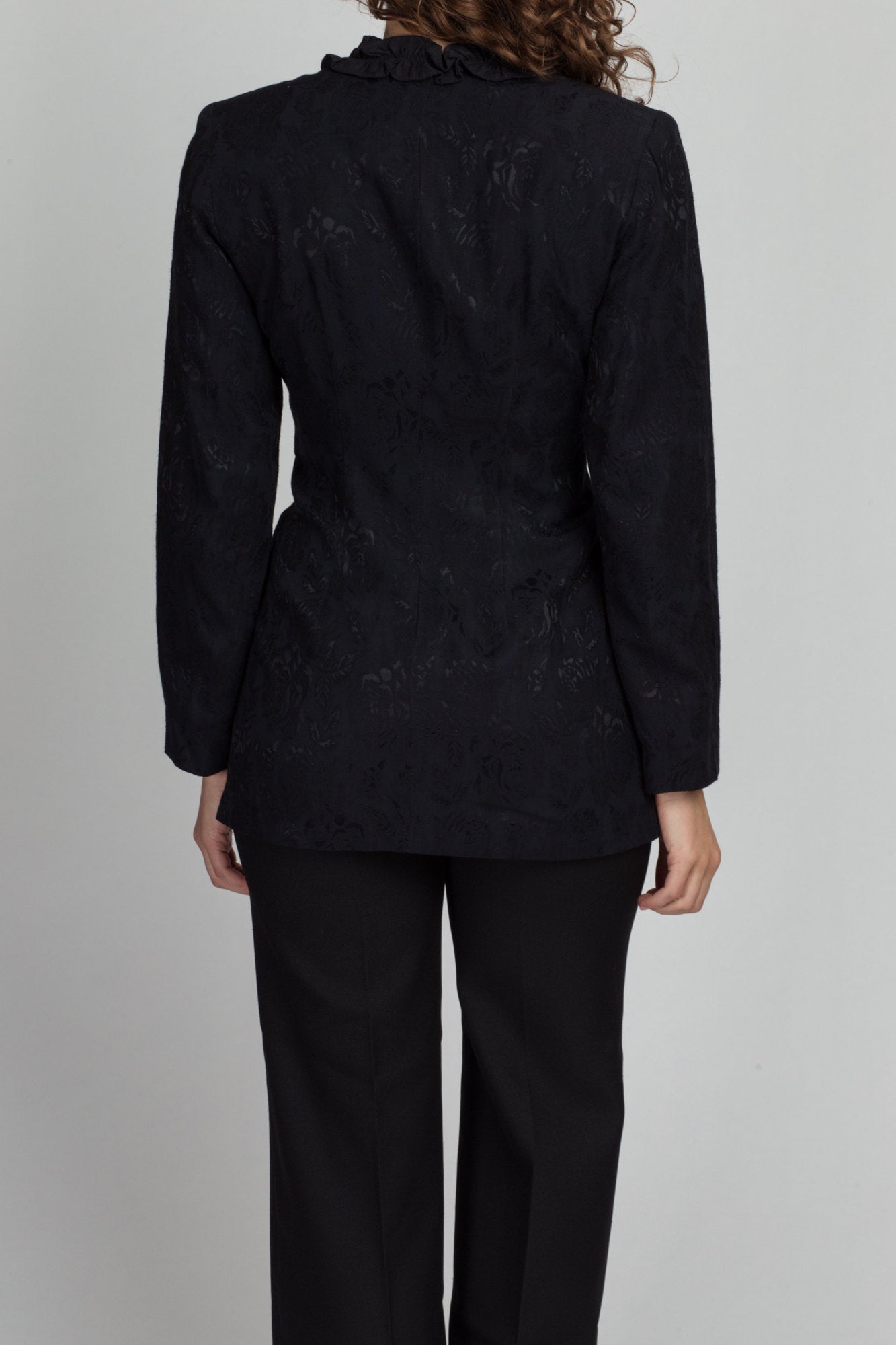 80s Black Jacquard Ruffle Neck Blazer Top - Small | Vintage Long Sleeve Pleated Blouse