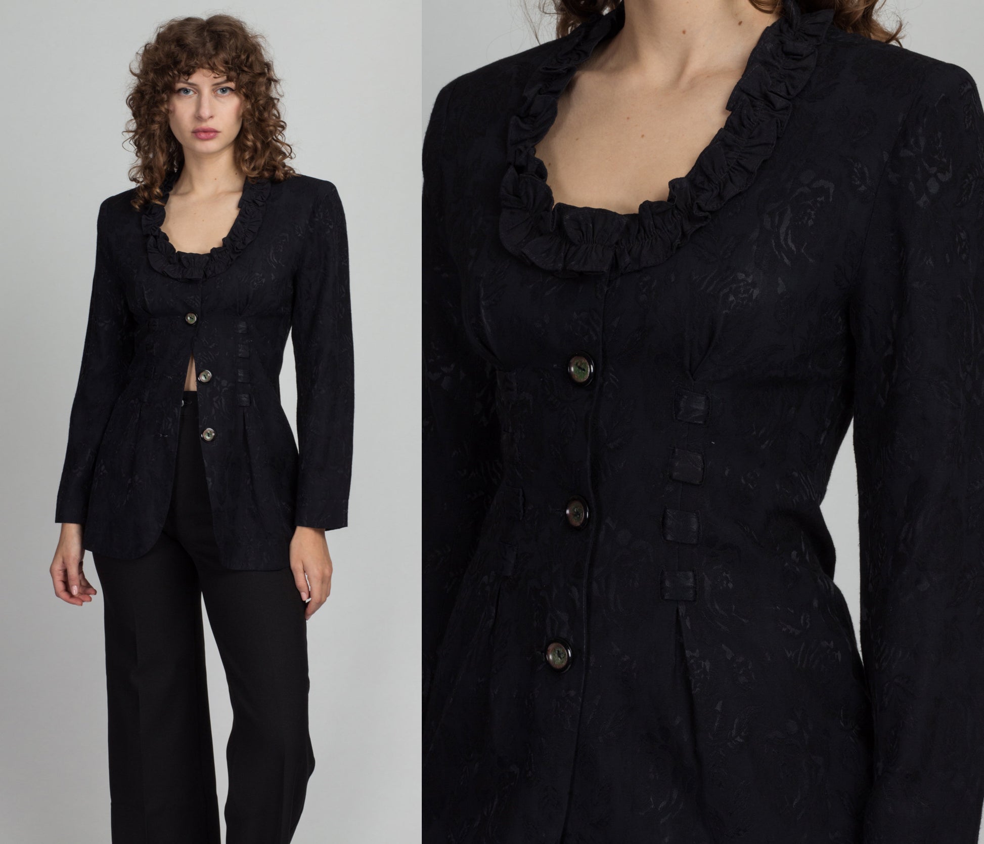 80s Black Jacquard Ruffle Neck Blazer Top - Small | Vintage Long Sleeve Pleated Blouse