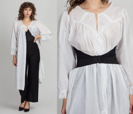 80s White Peignoir Robe - Large | Vintage Lace Trim Pearl Button Up Dressing Gown