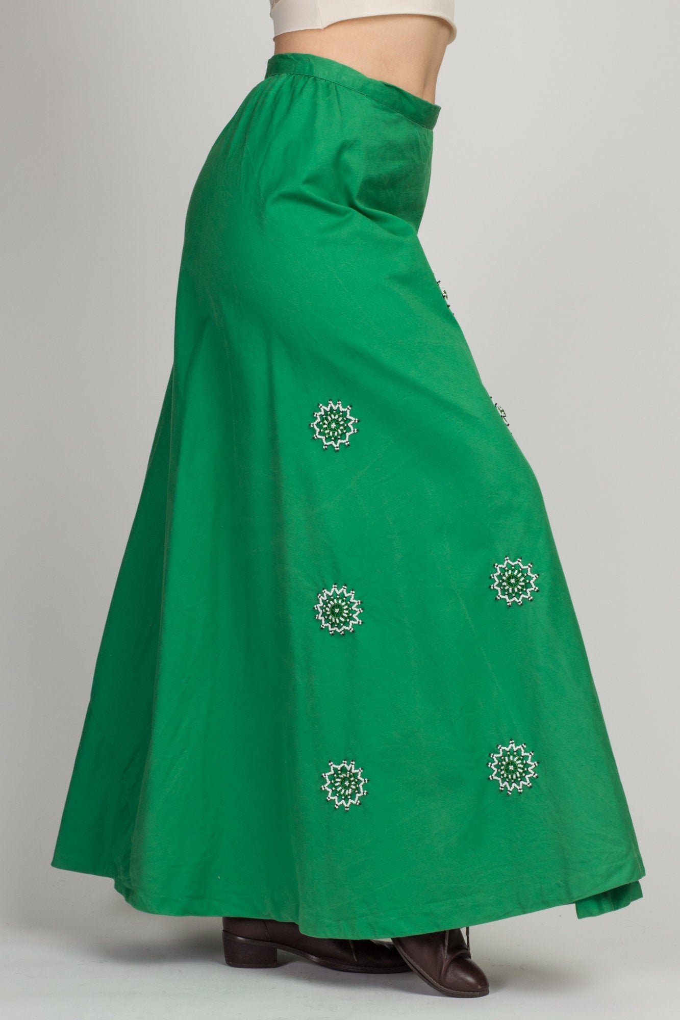 70s African Transkei Green Beaded Maxi Wrap Skirt - Medium, 28" 