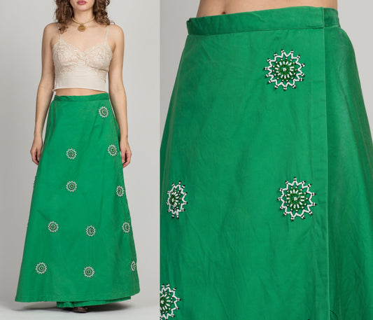 70s African Transkei Green Beaded Maxi Wrap Skirt - Medium, 28" 