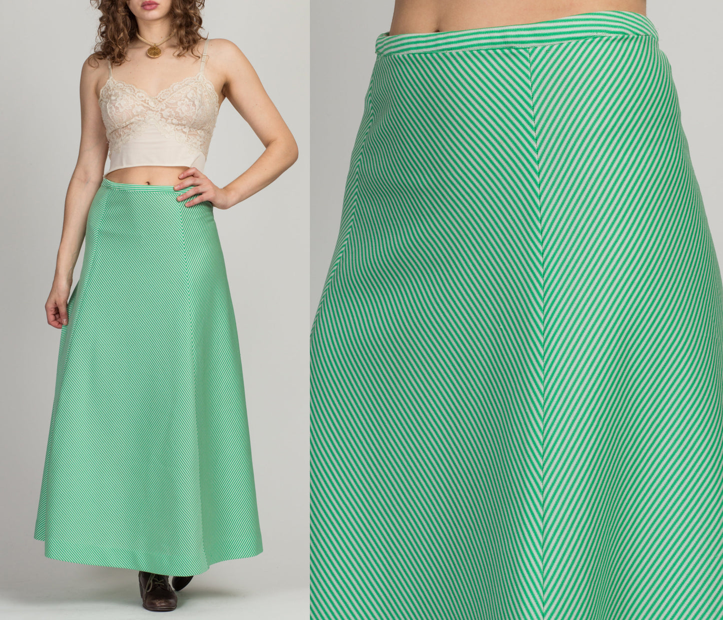 70s Green & White Striped Maxi Skirt - Medium 