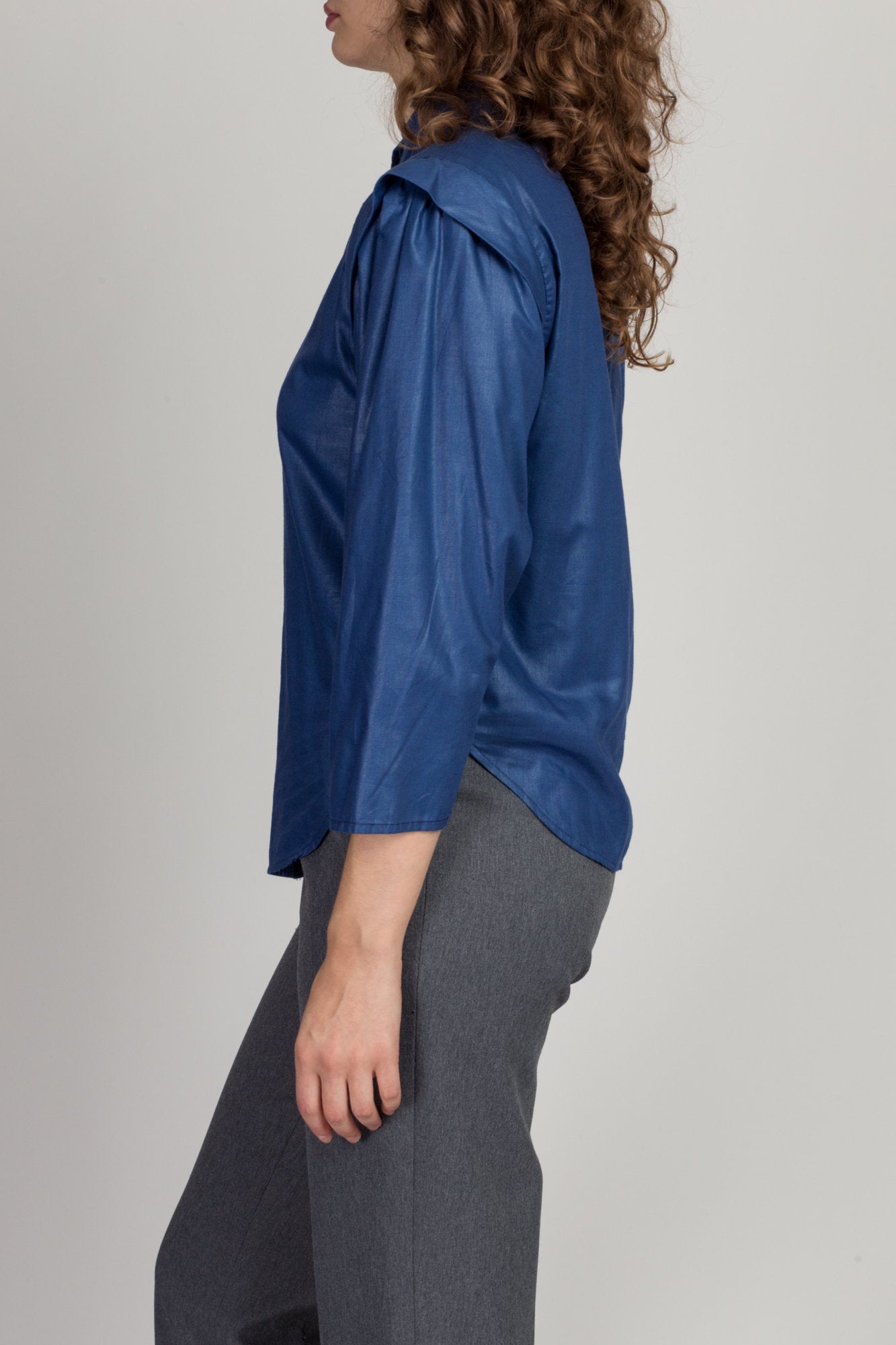 80s Blue Long Cap Sleeve Blouse - Medium 