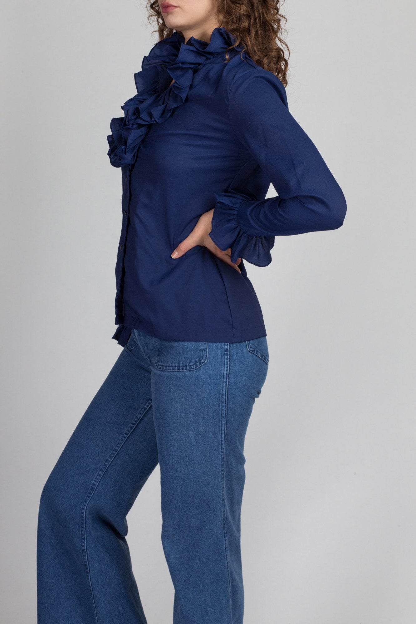 70s Tuxedo Ruffle Blouse - Small to Medium 