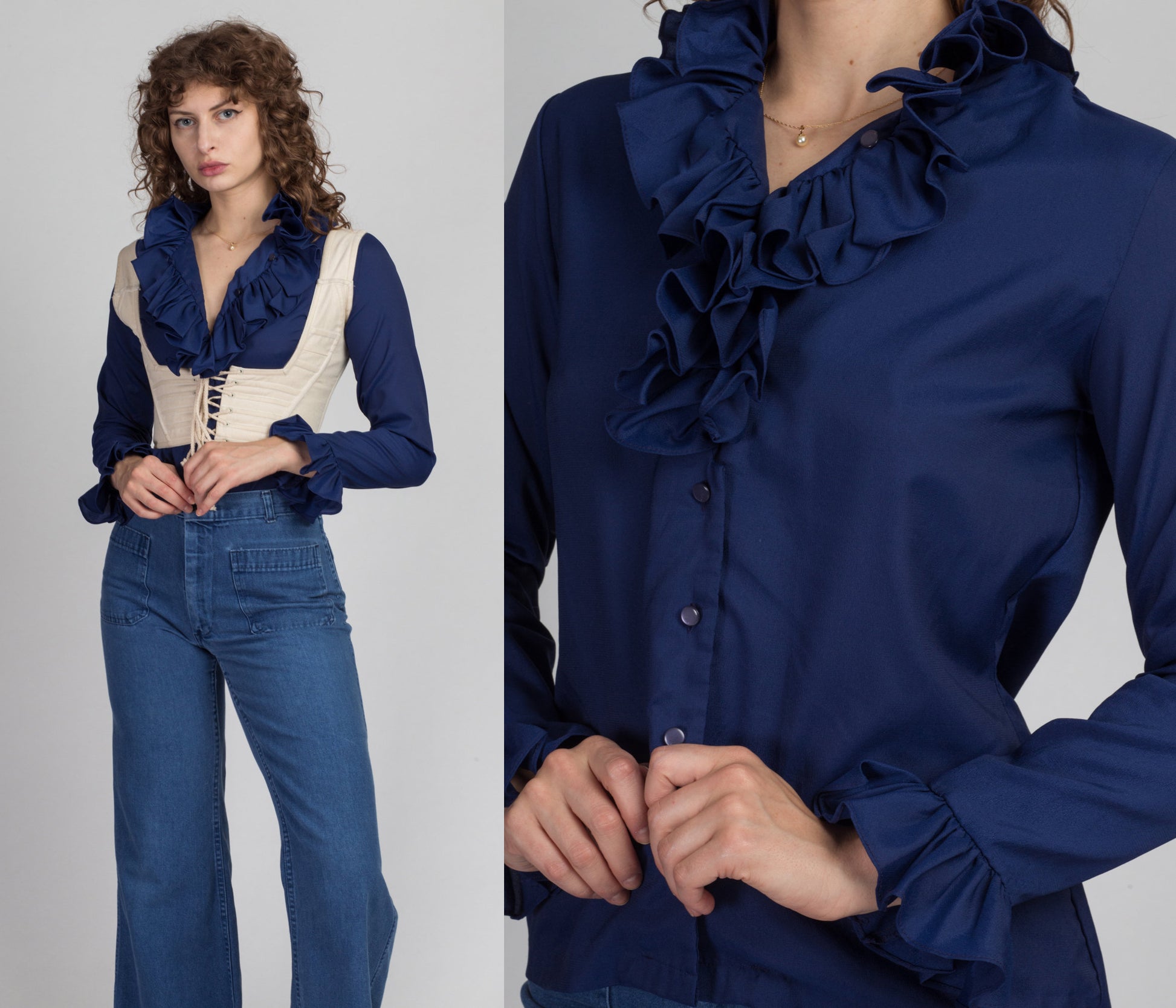70s Tuxedo Ruffle Blouse - Small to Medium 