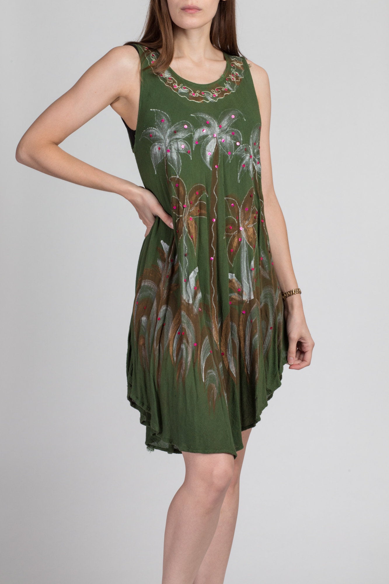 90s Boho Palm Tree High-Low Mini Dress - One Size 