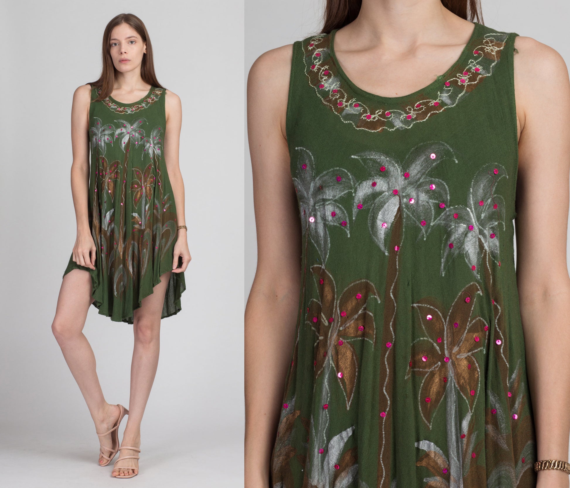 90s Boho Palm Tree High-Low Mini Dress - One Size 