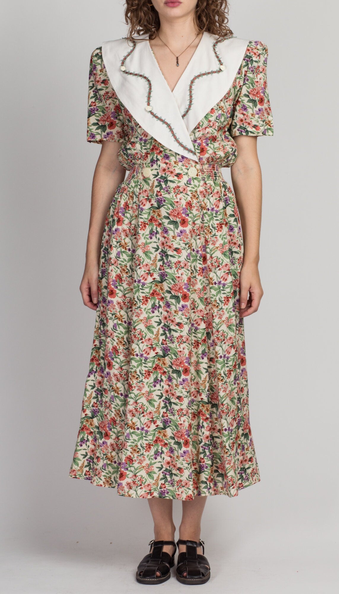 80s Floral Oversize Collar Grunge Dress - Extra Small 