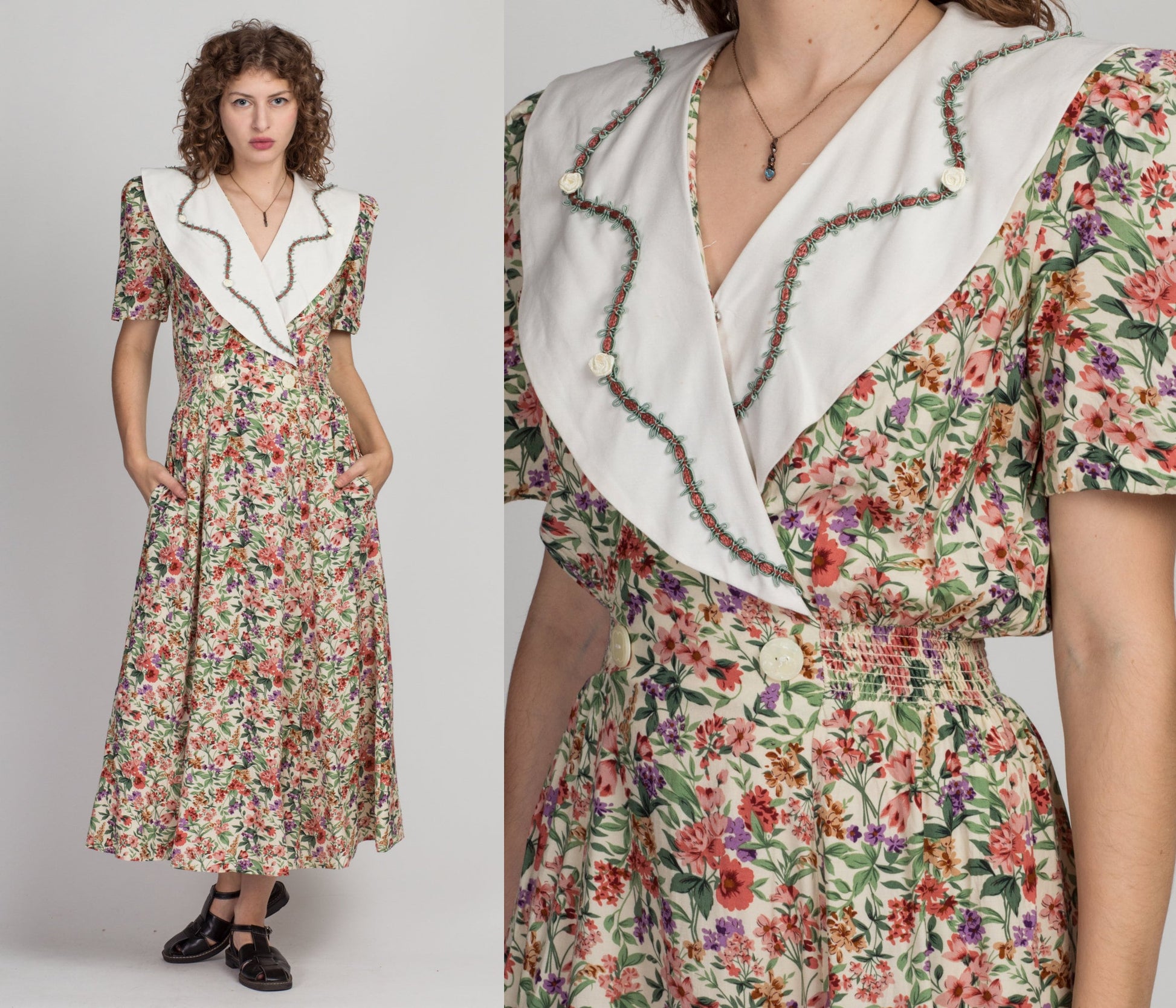 80s Floral Oversize Collar Grunge Dress - Extra Small 