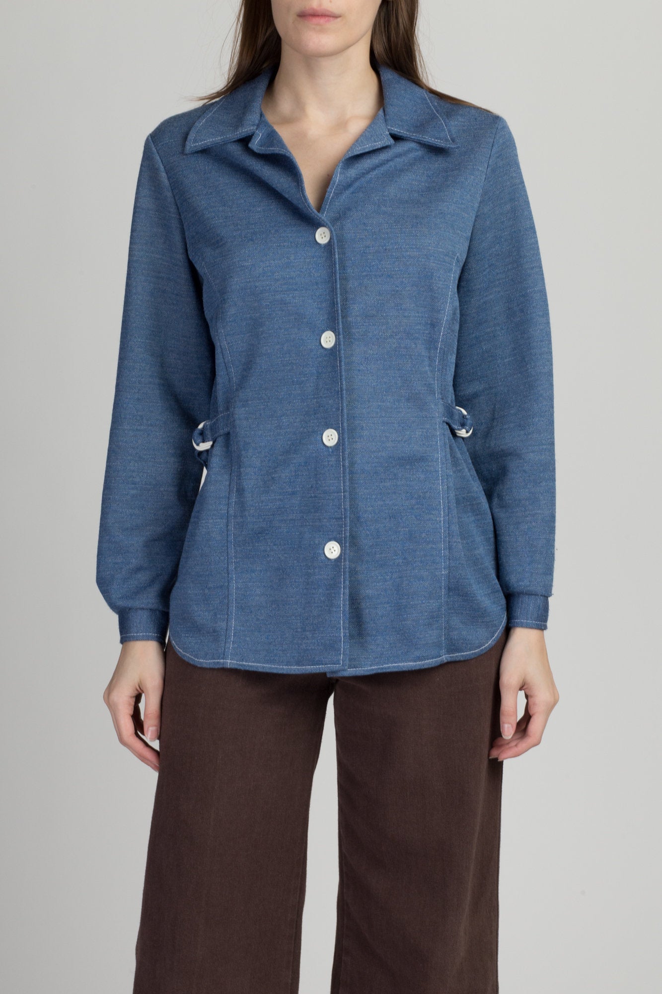 70s Mod Blue Cinched Waist Shirt - Medium 
