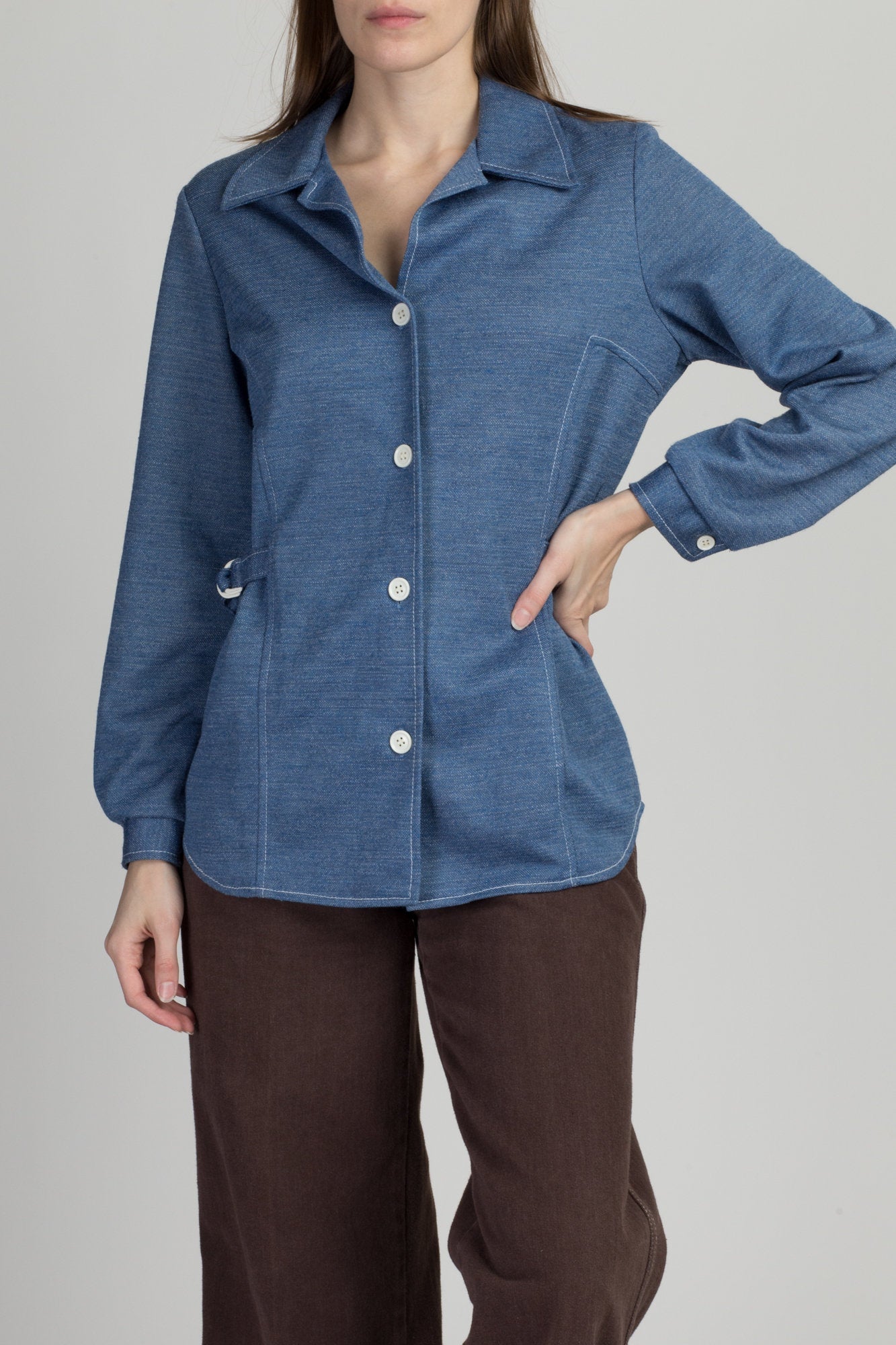 70s Mod Blue Cinched Waist Shirt - Medium 