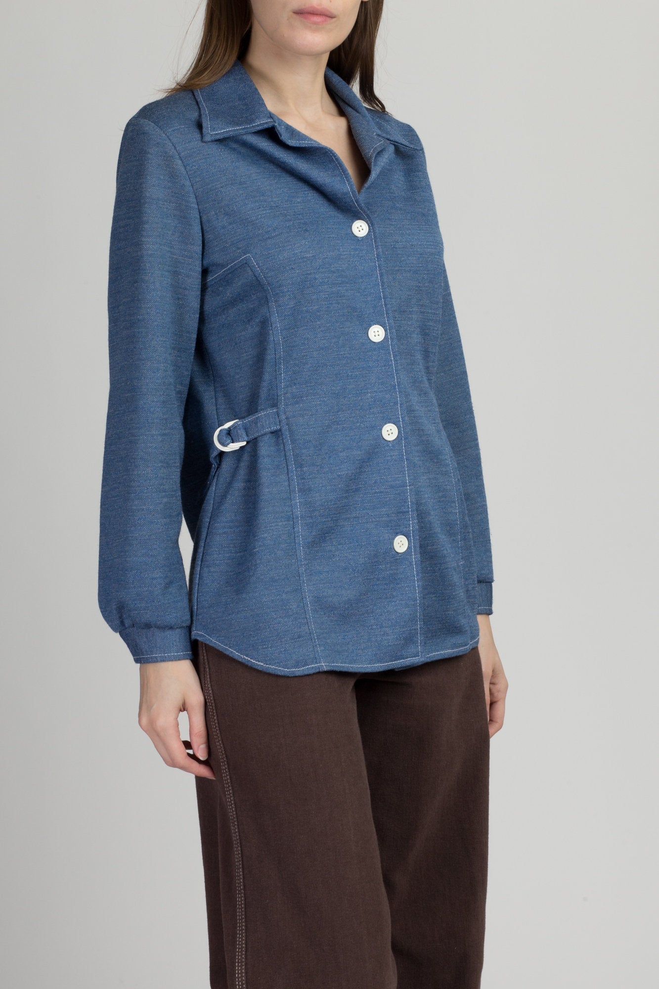 70s Mod Blue Cinched Waist Shirt - Medium 