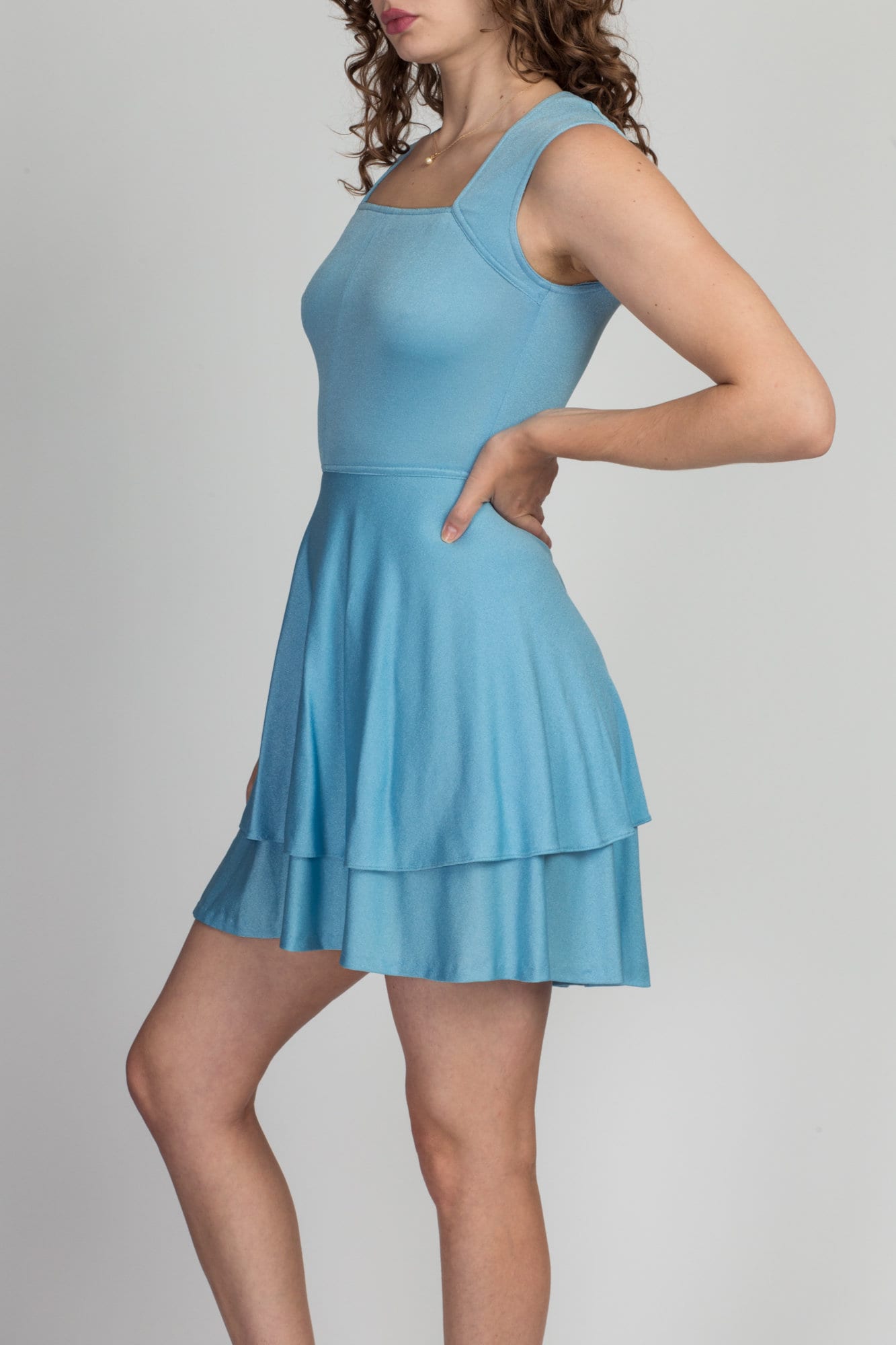 70s Blue Mini Dress & Tiered Mini Skirt Set - Extra Small 