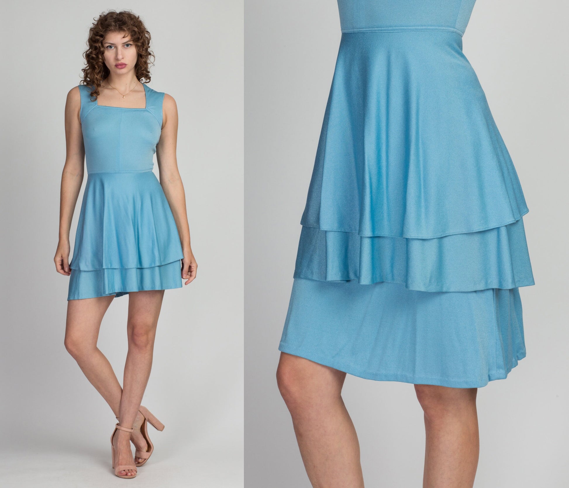 70s Blue Mini Dress & Tiered Mini Skirt Set - Extra Small 