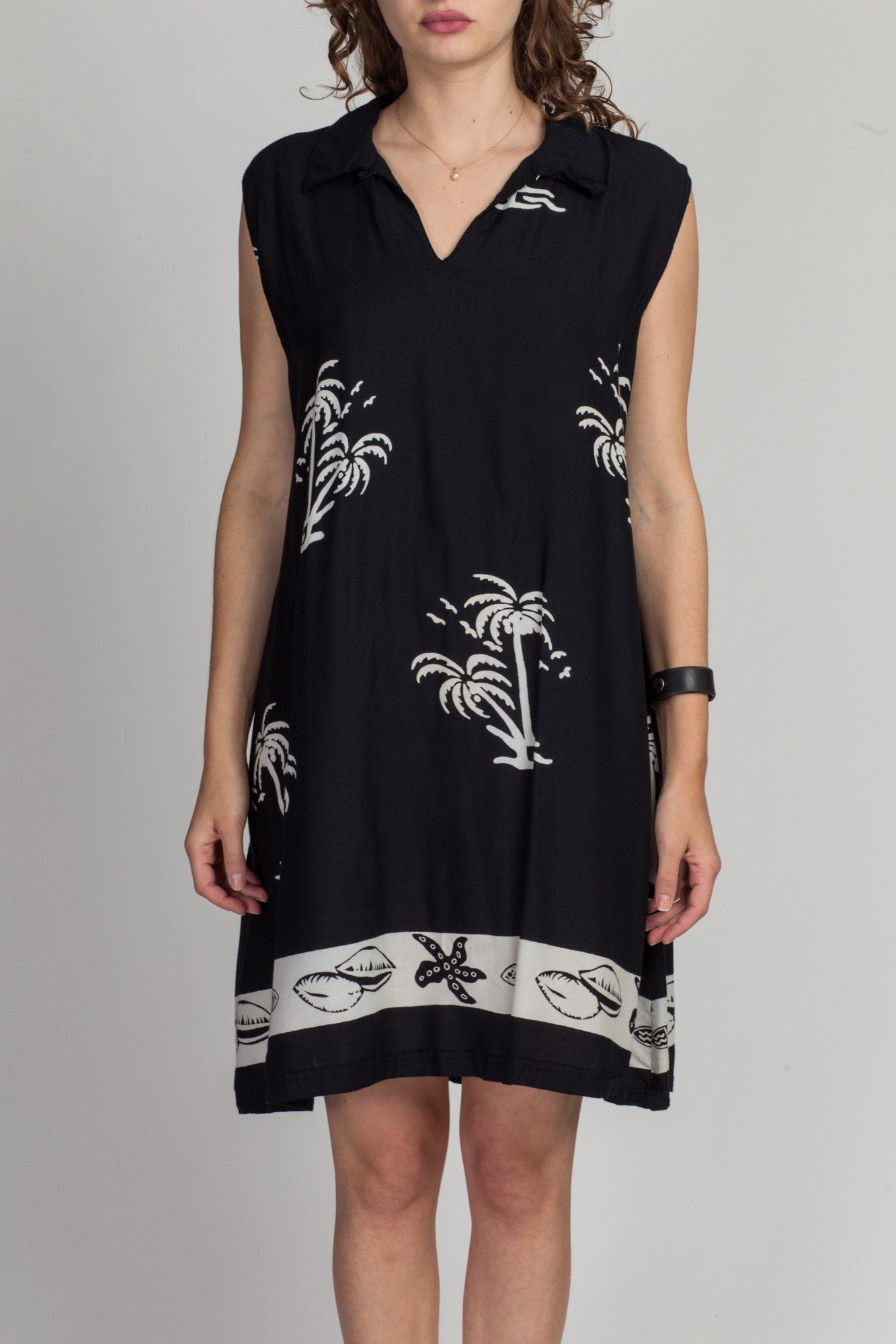 90s Black Palm Tree Print Mini Sundress - 3X 