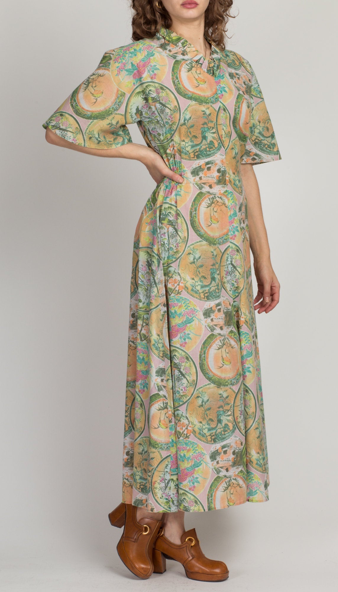 60s Novelty Abstract Print Boho Maxi Dress - Medium 