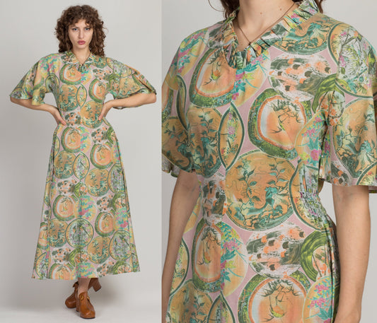 60s Novelty Abstract Print Boho Maxi Dress - Medium 