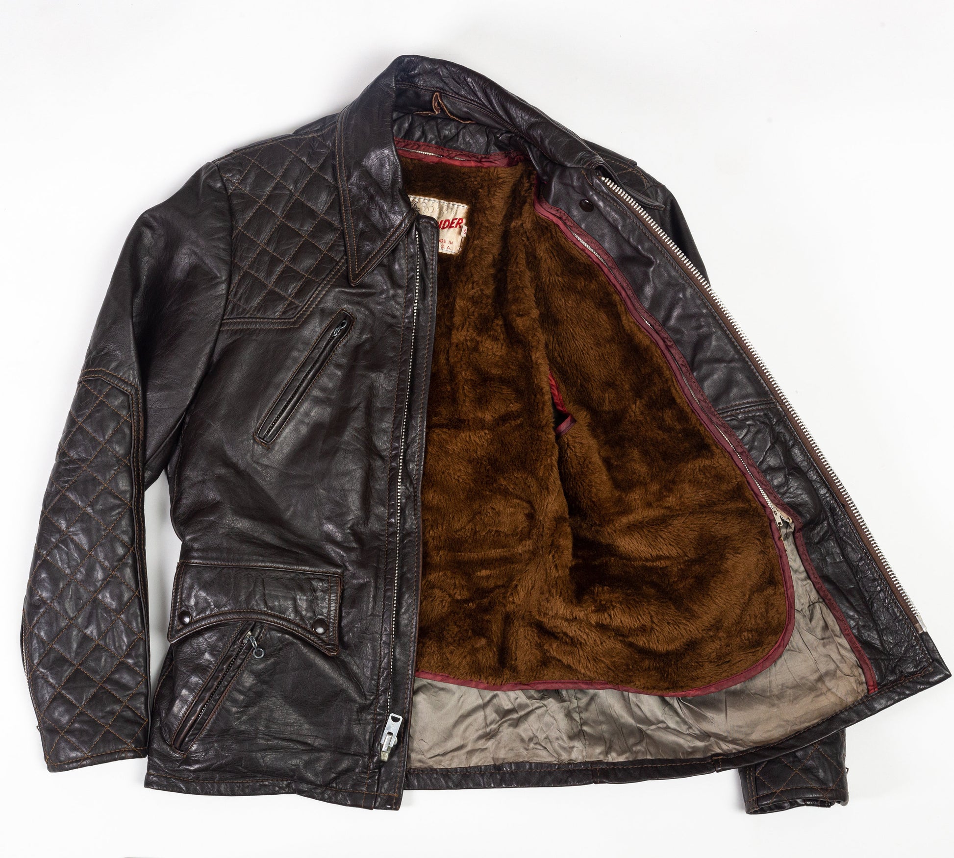 60s Cycle Rider Brown Quilted Leather Coat - Men's Medium, Size 40 