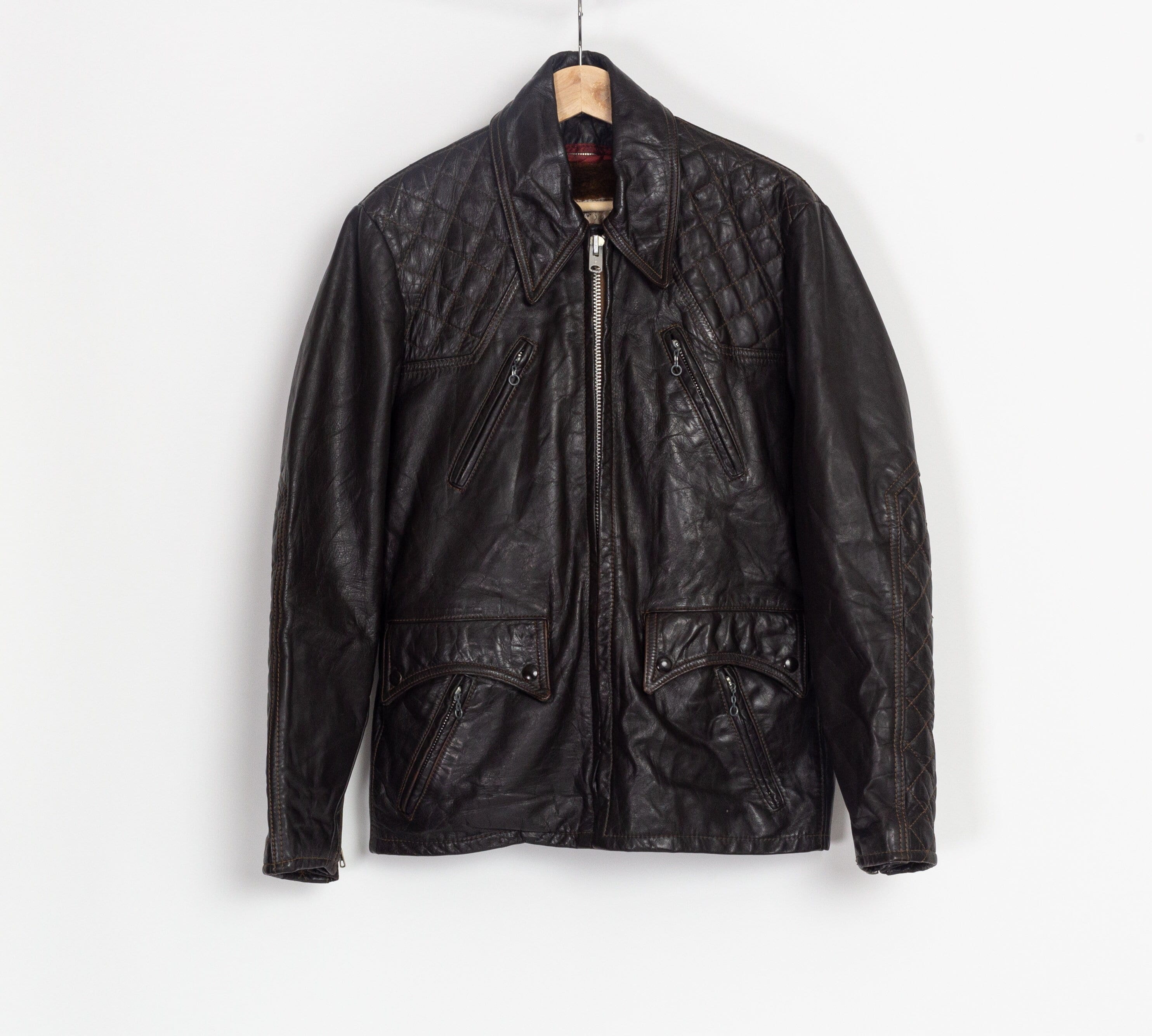 60s Cycle Rider Brown Quilted Leather Coat - Men's Medium