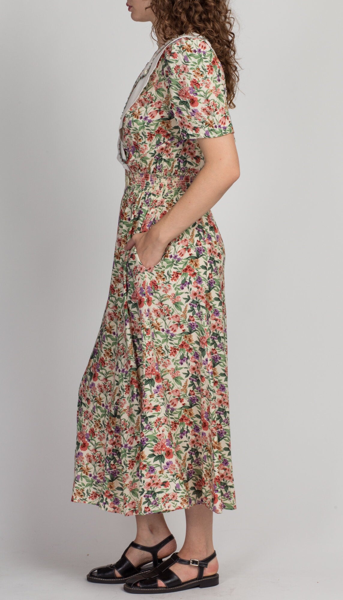 80s Floral Oversize Collar Grunge Dress - Extra Small 