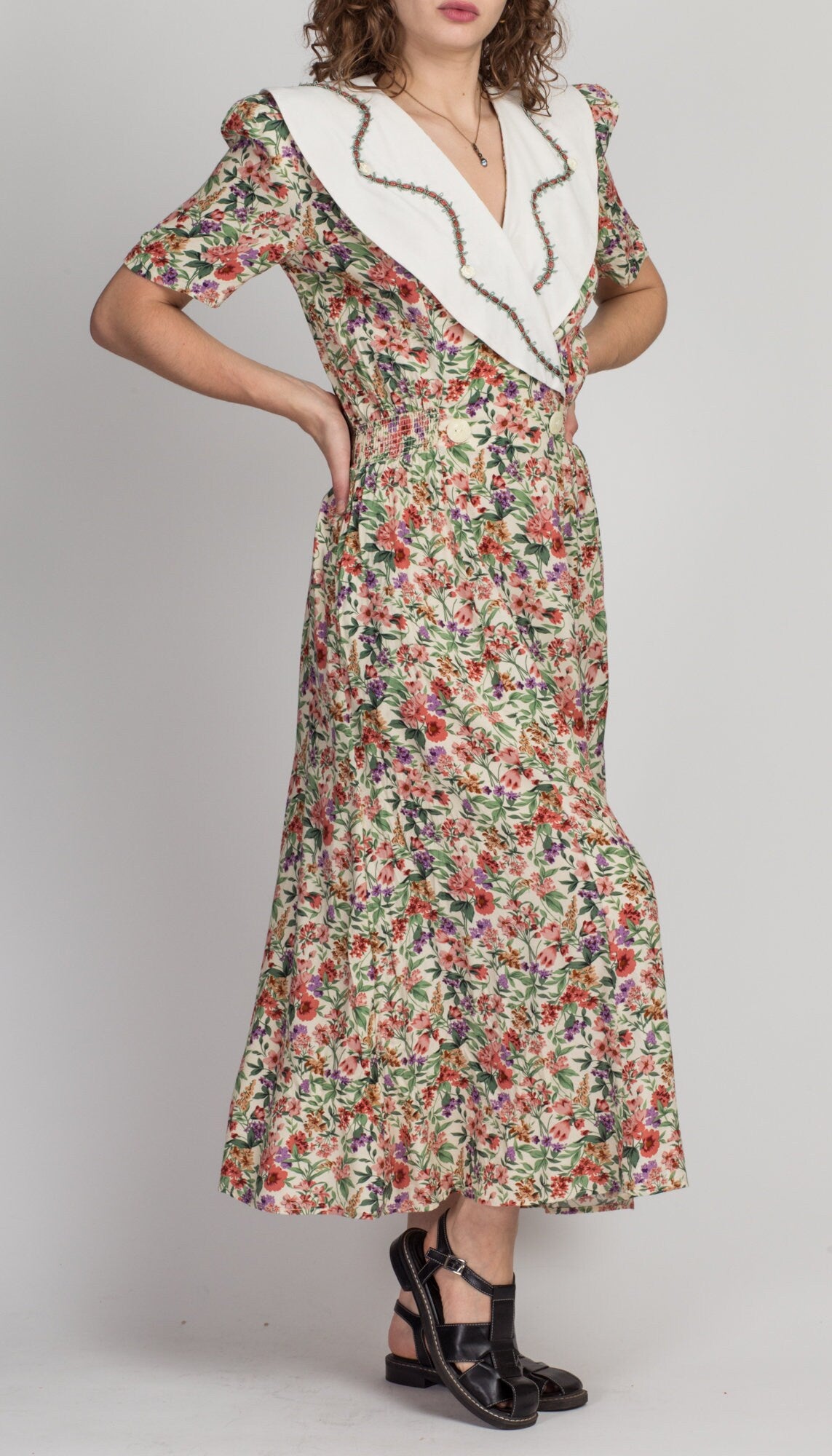 80s Floral Oversize Collar Grunge Dress - Extra Small 
