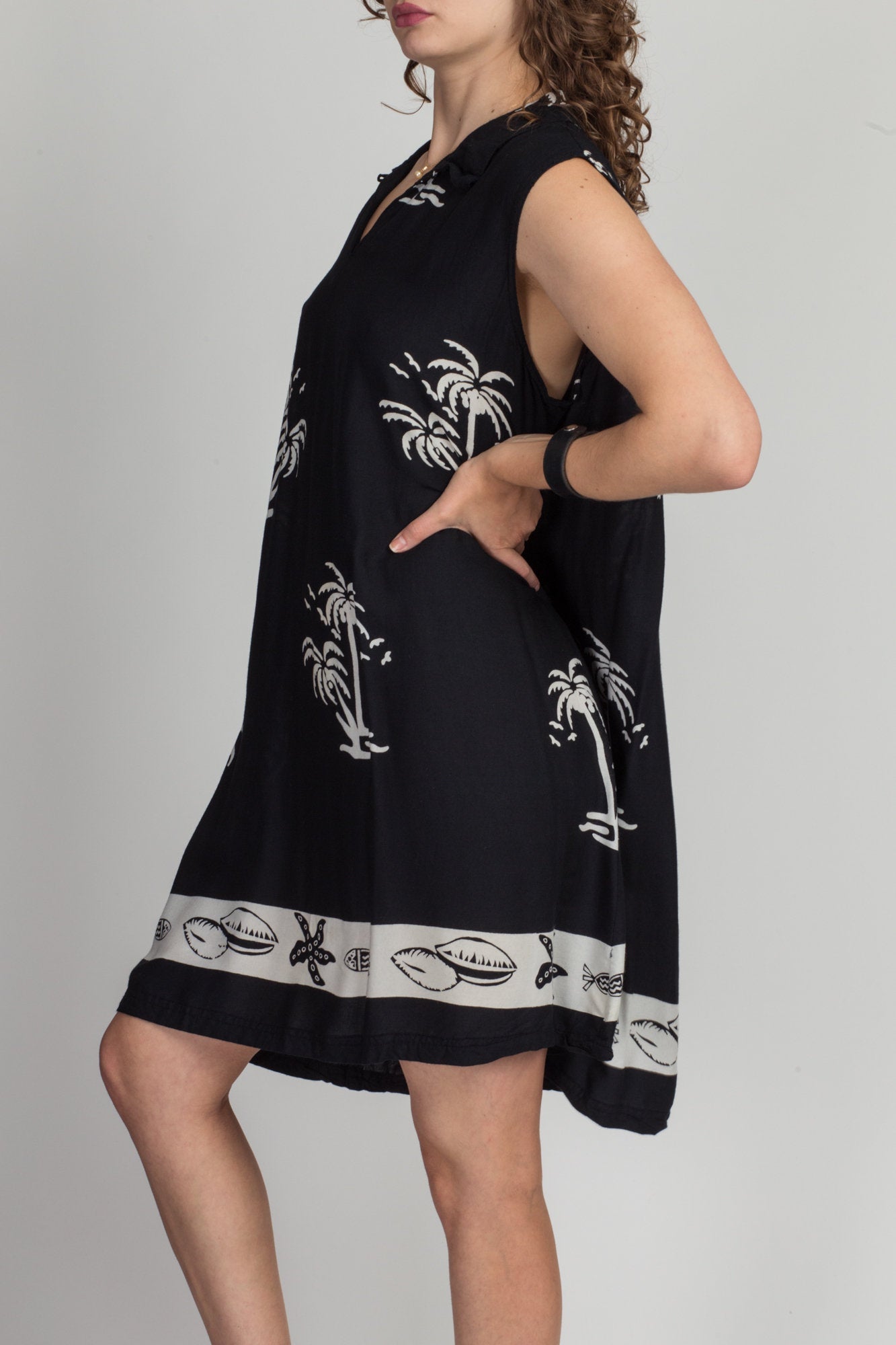 90s Black Palm Tree Print Mini Sundress - 3X 