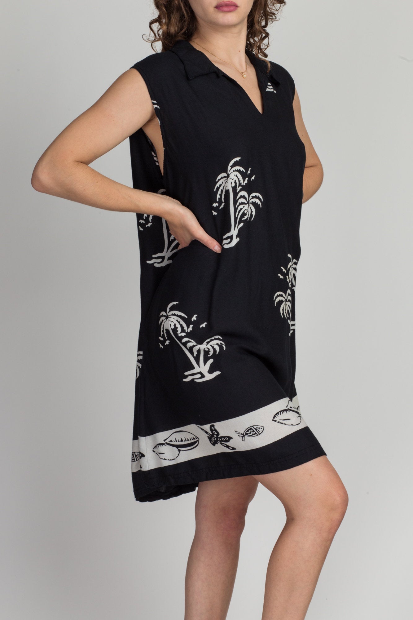 90s Black Palm Tree Print Mini Sundress - 3X 