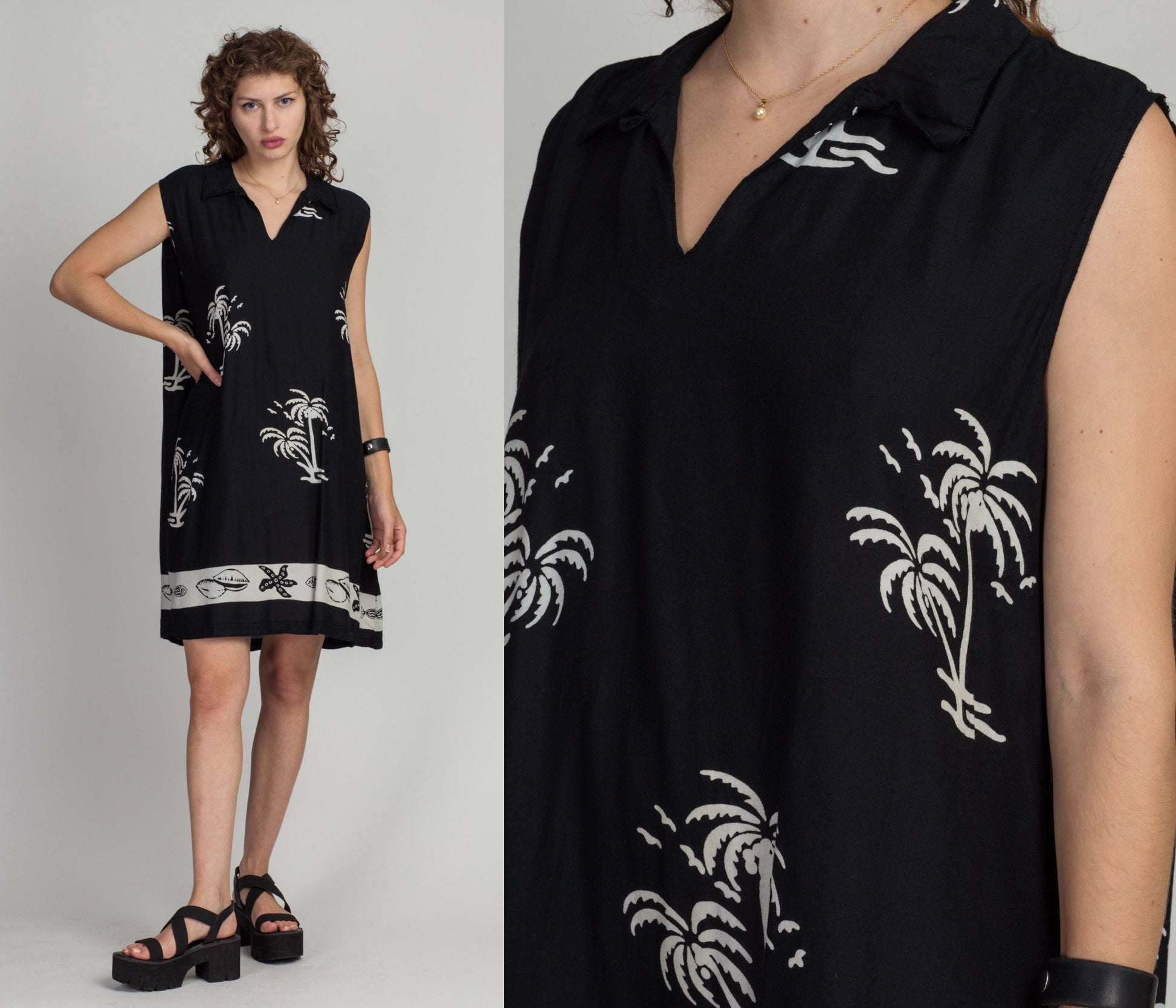90s Black Palm Tree Print Mini Sundress - 3X 
