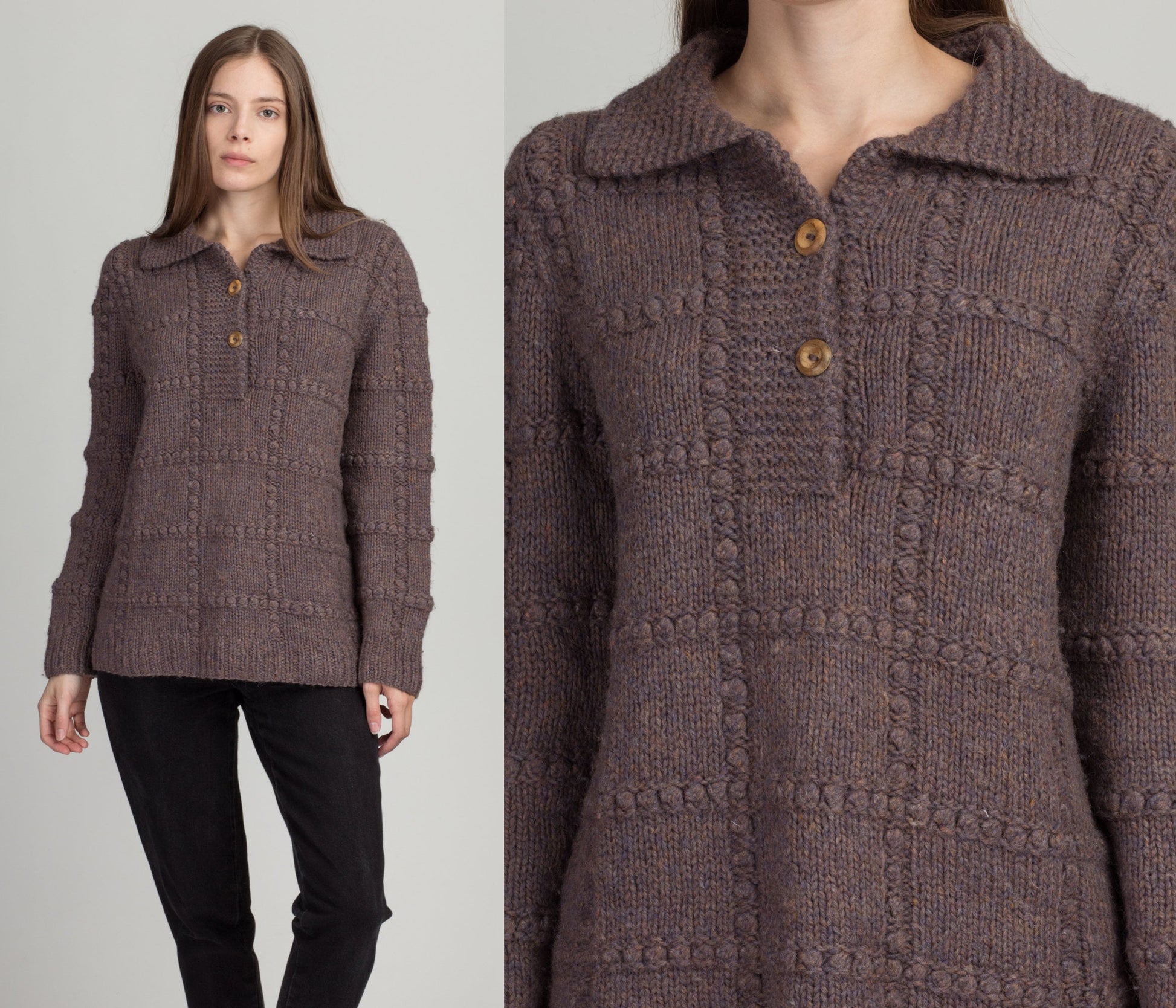70s Collared Mauve Knit Sweater - Men's Medium, Women's Large 