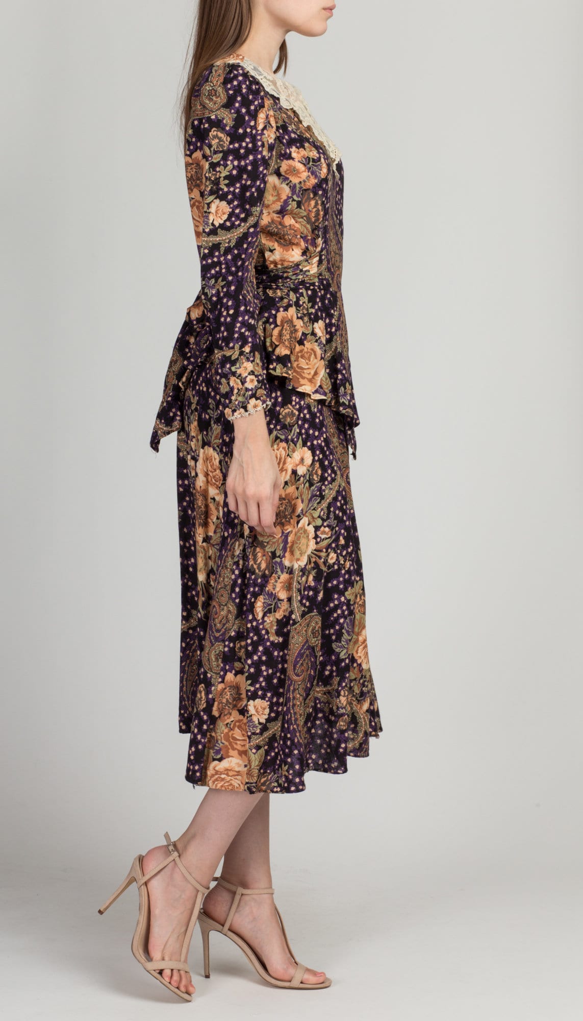 80s Lace Collar Floral Midi Dress - Small 
