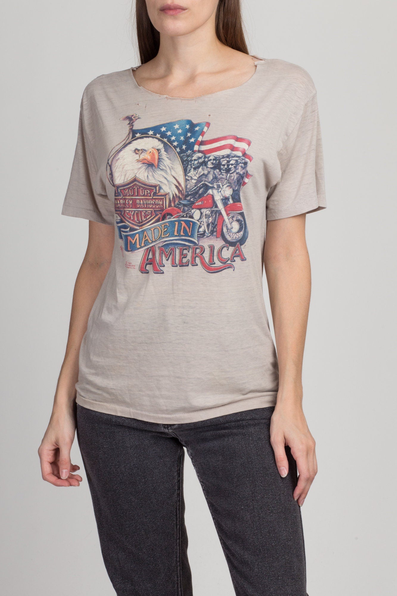 80s Harley Davidson 3D Emblem "Made In America" Threadbare T Shirt - Unisex Small 