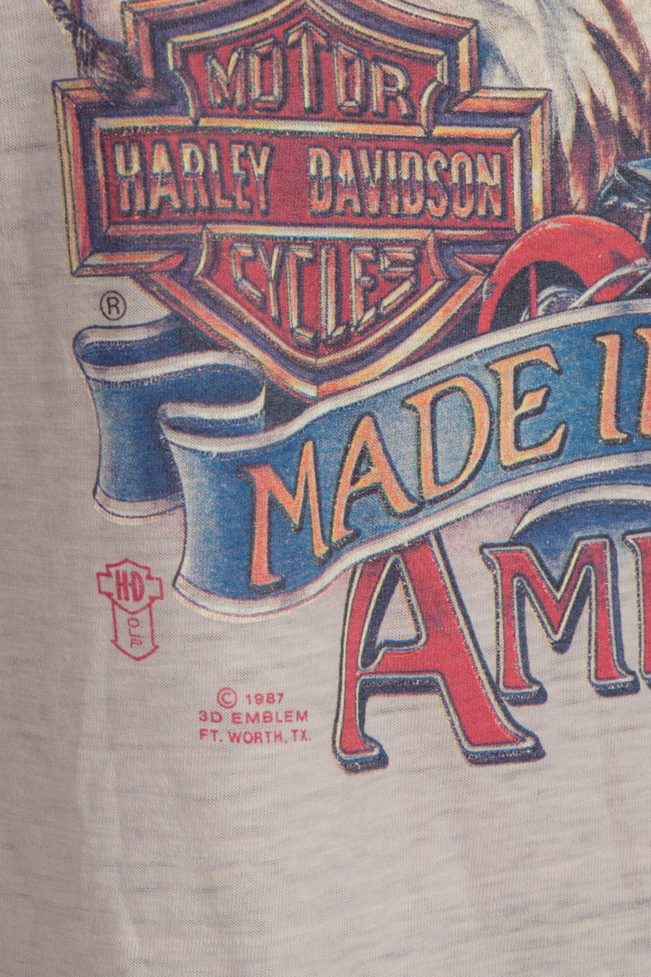 80s Harley Davidson 3D Emblem "Made In America" Threadbare T Shirt - Unisex Small 
