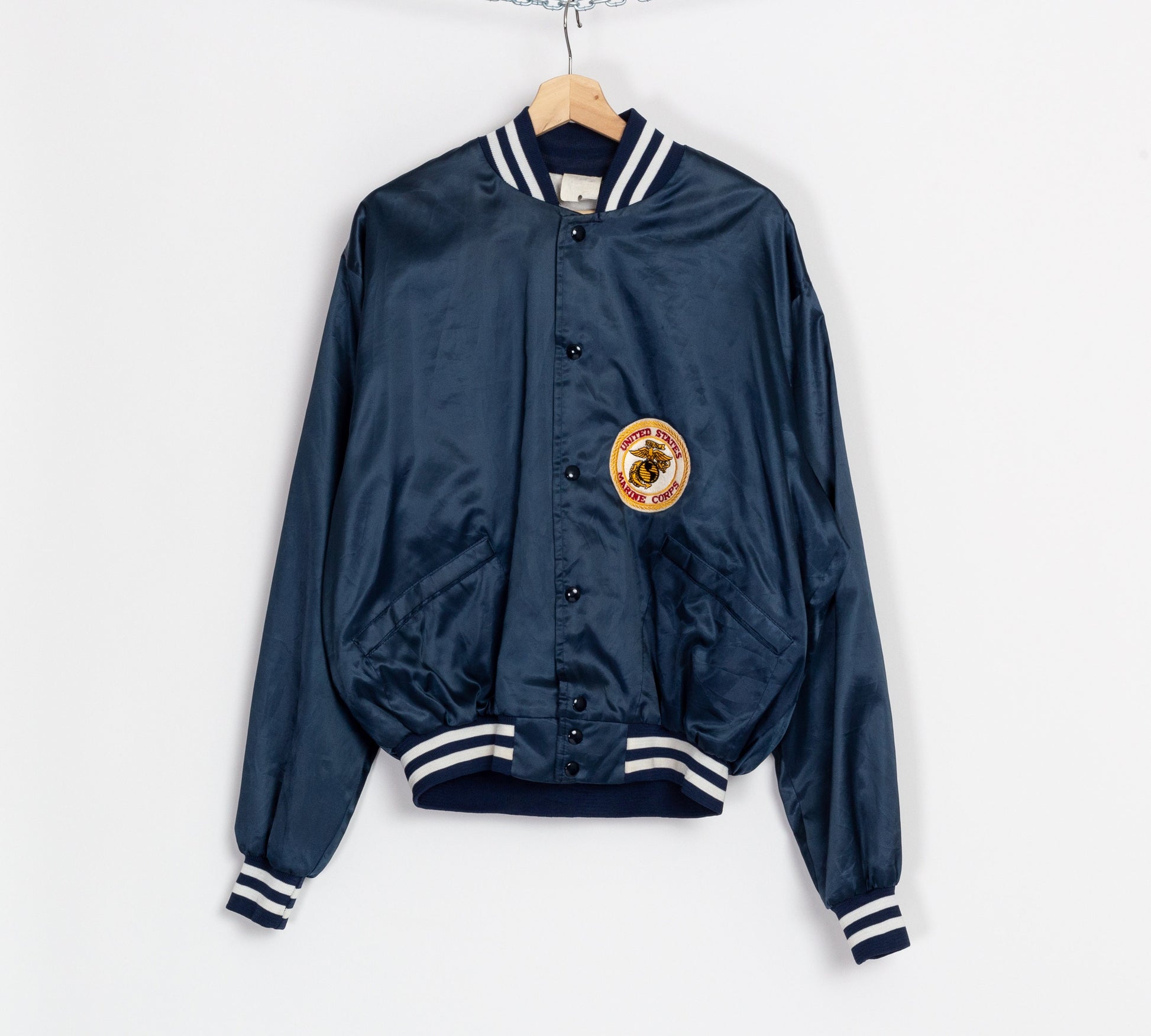 80s US Marine Corps Satin Snap Button Jacket - Men's Large, Women's XL 