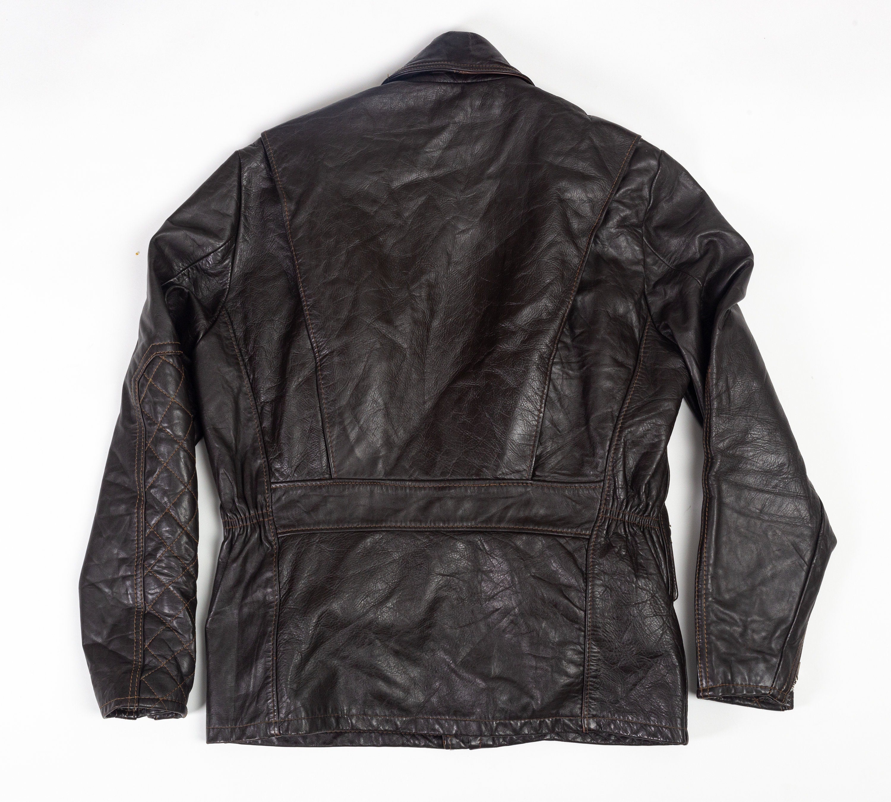 60s Cycle Rider Brown Quilted Leather Coat - Men's Medium