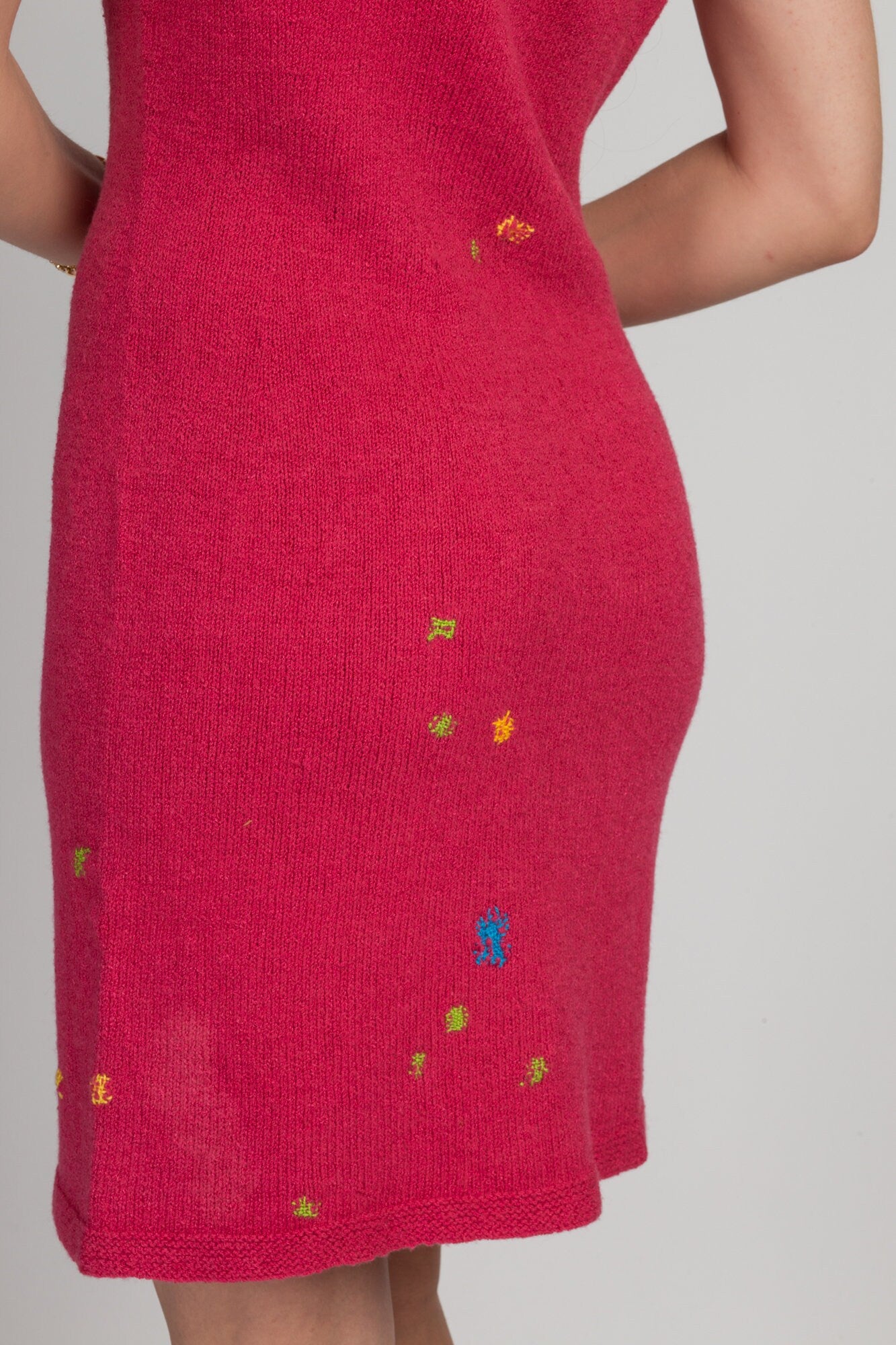 50s 60s Colorful Darned Knit Mini Dress - Medium to Large 