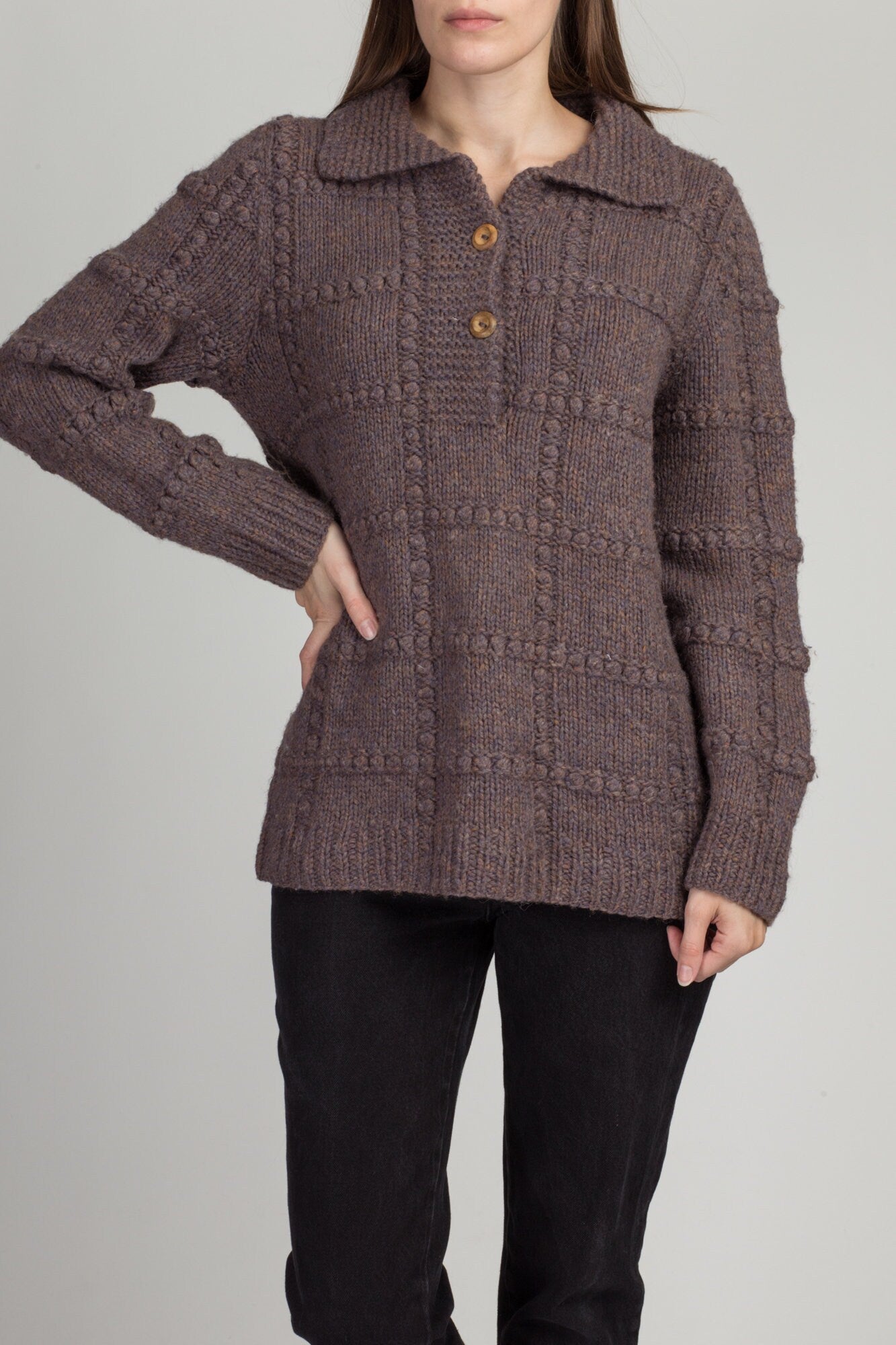 70s Collared Mauve Knit Sweater - Men's Medium, Women's Large 
