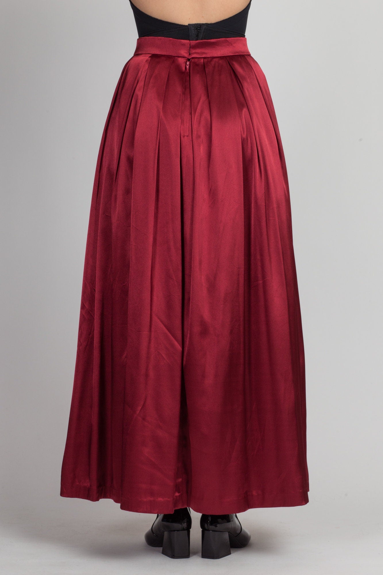 70s Burgundy Satin Pleated Maxi Skirt - Extra Small, 25" 