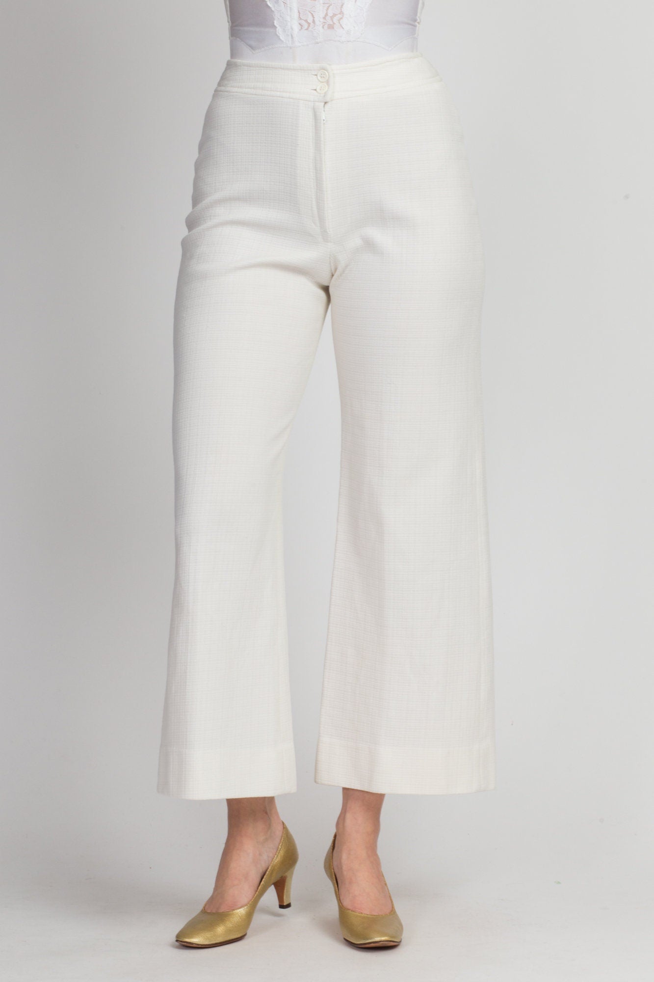 70s White High Waist Flared Pants - Extra Small, 25" 