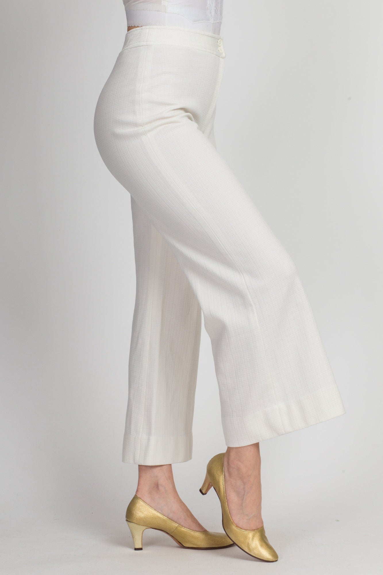 70s White High Waist Flared Pants - Extra Small, 25" 