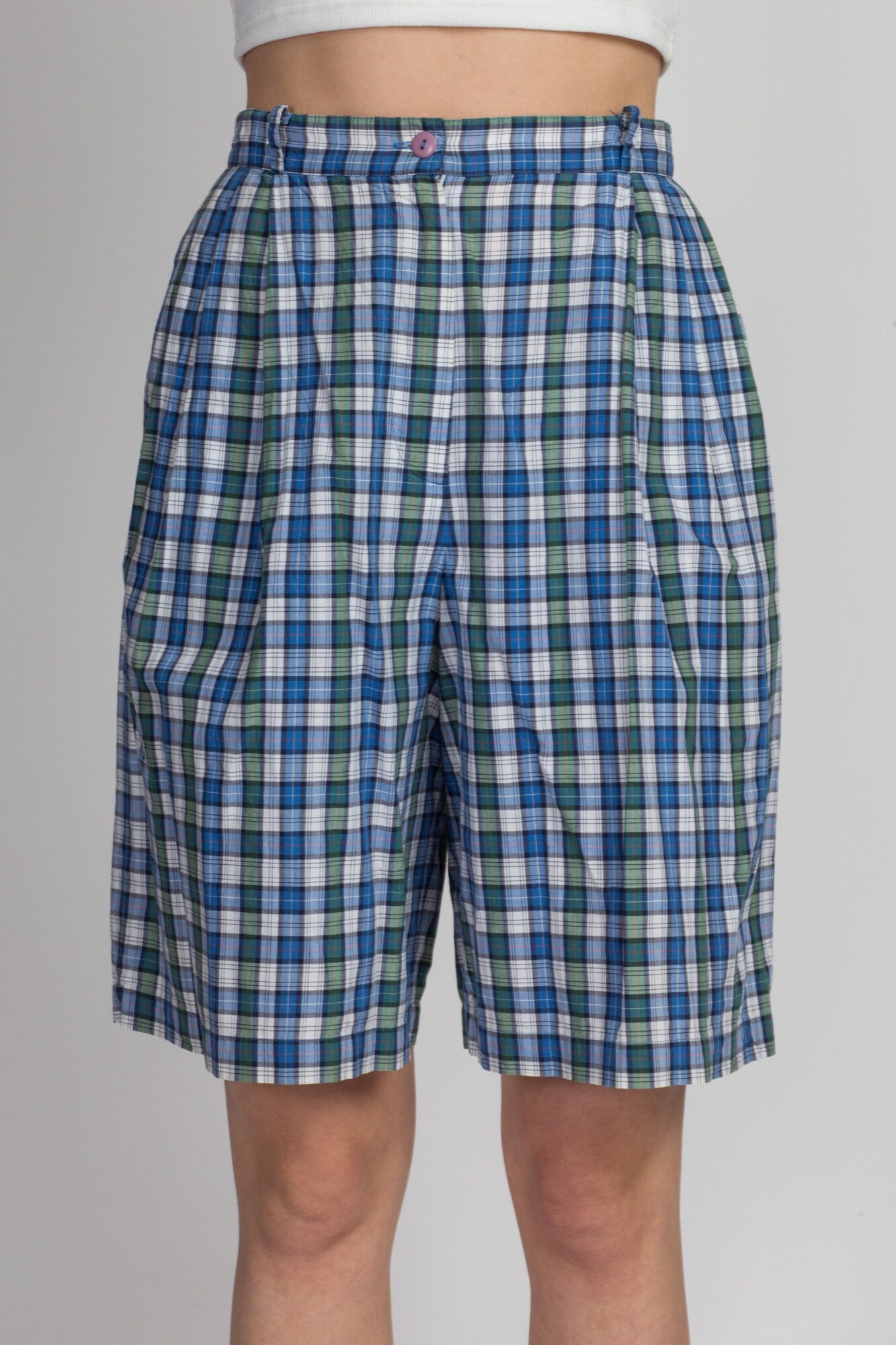 90s Blue Plaid Cotton Shorts - Small to Medium, 27" 