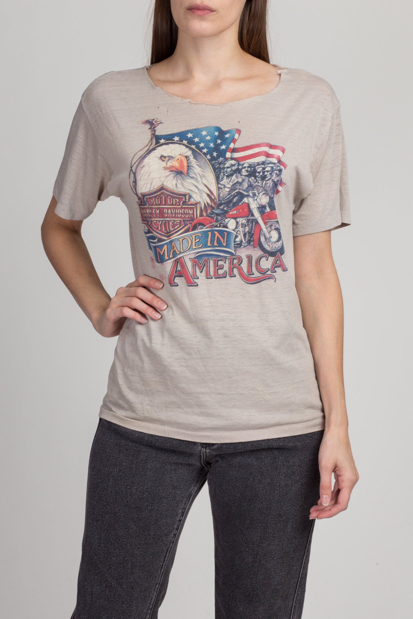 80s Harley Davidson 3D Emblem "Made In America" Threadbare T Shirt - Unisex Small 