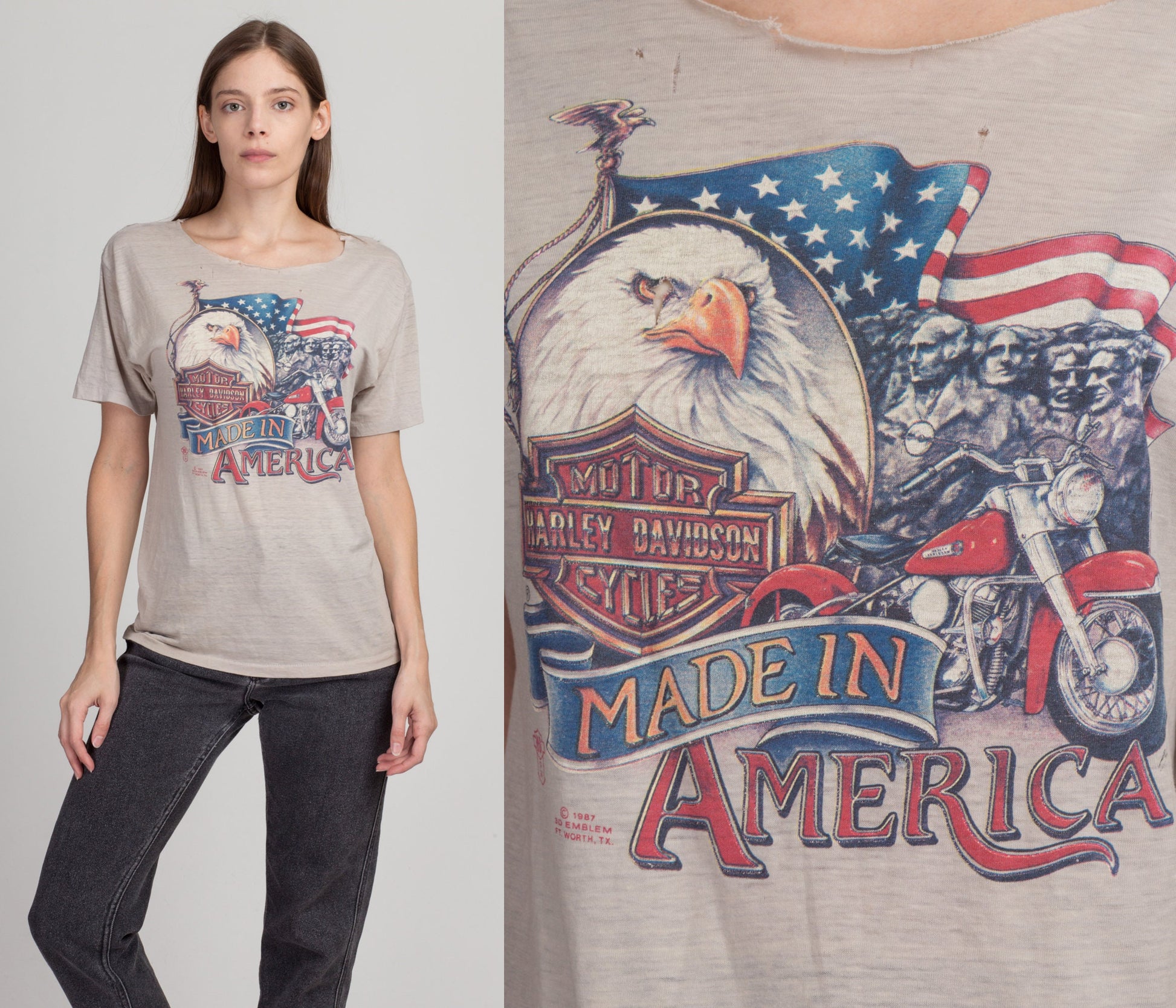 80s Harley Davidson 3D Emblem "Made In America" Threadbare T Shirt - Unisex Small 