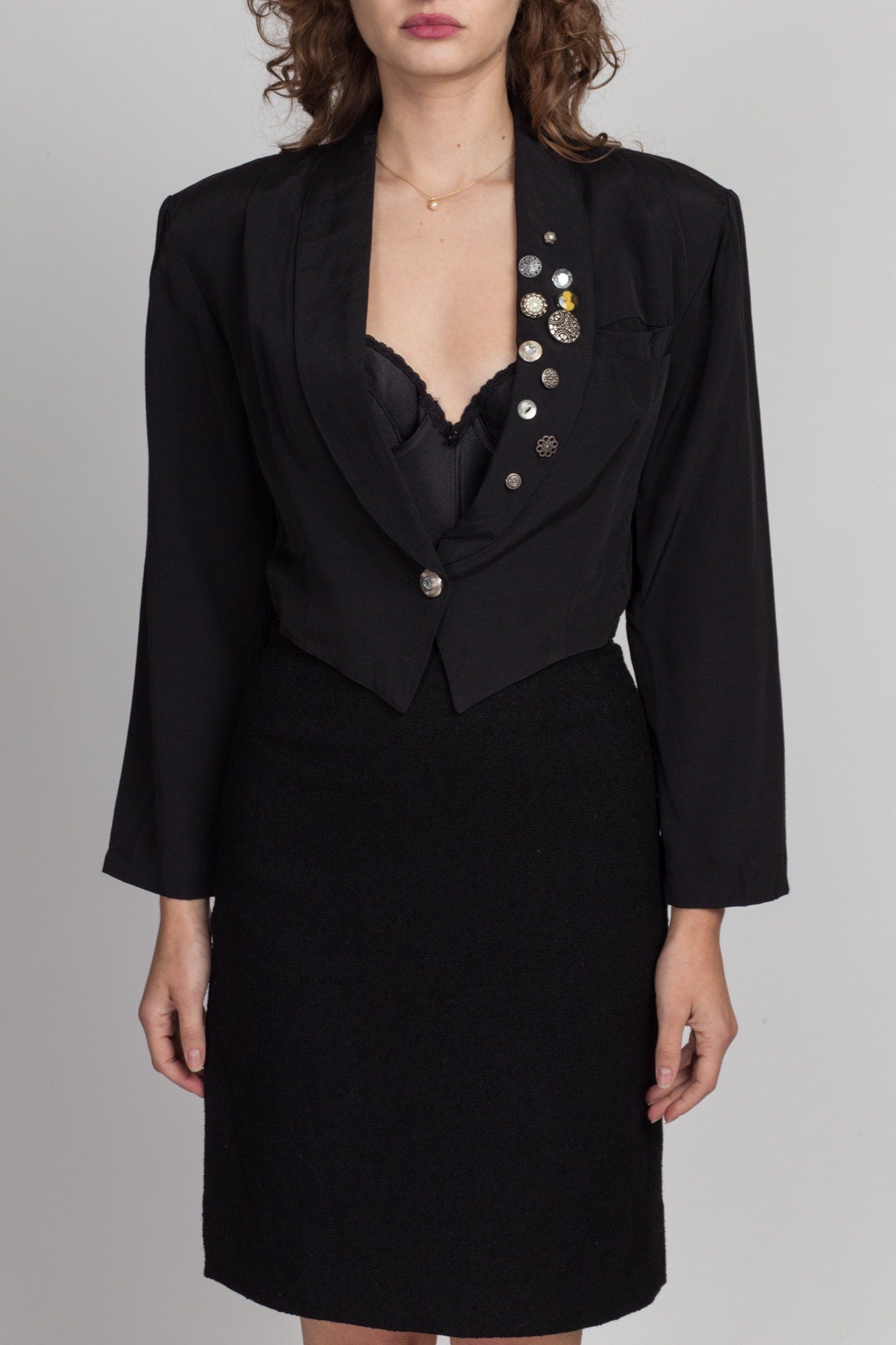 80s 90s Black Decorative Button Cropped Blazer - Small 
