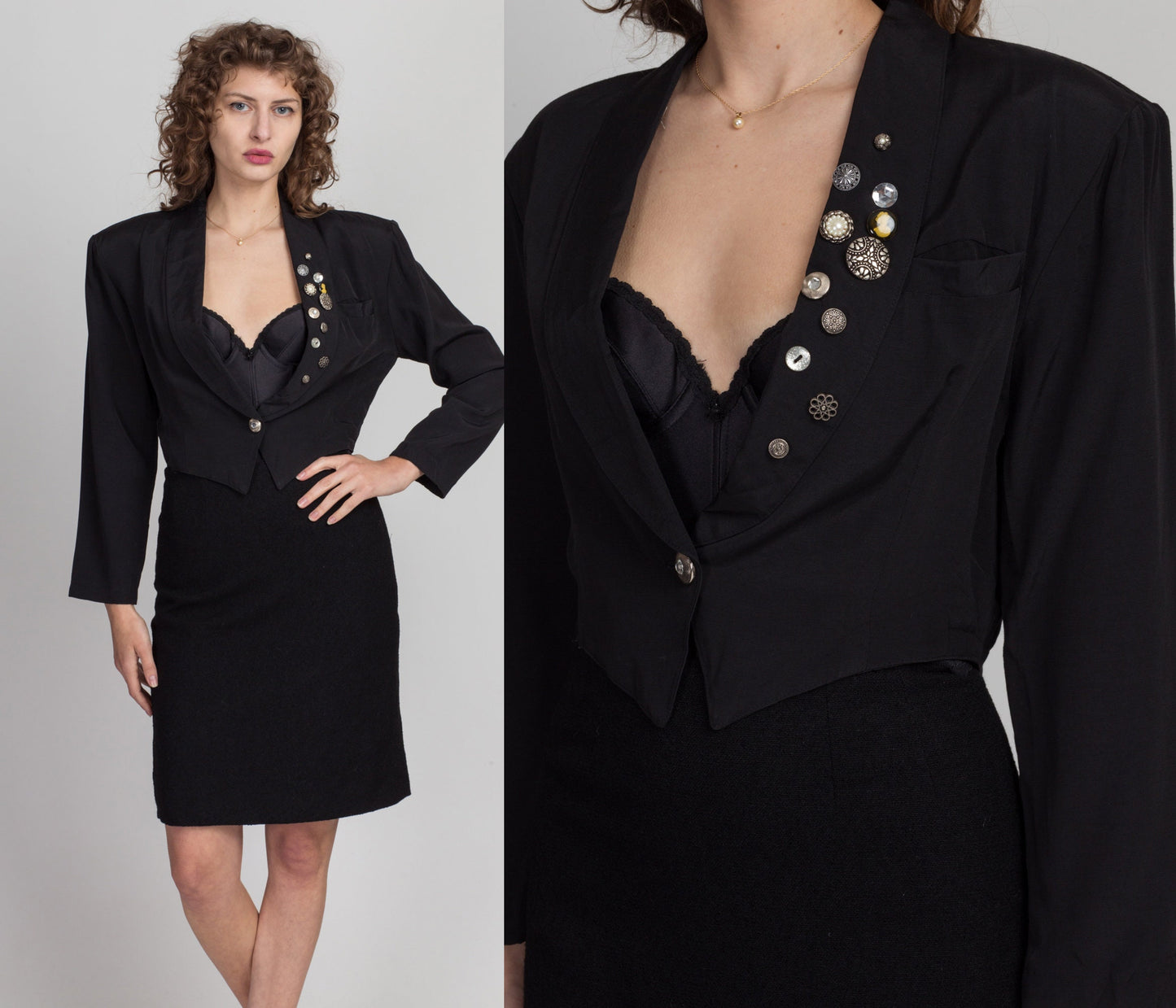 80s 90s Black Decorative Button Cropped Blazer - Small 